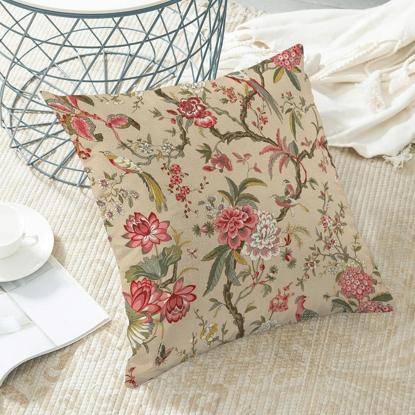 CXMEIFLY Spring Floral Birds Pillow Covers 16 x 16 Inch Set of 2 for Chinoiserie Flowers Decor Throw Pillows Pink Red Plant Outdoor Decorative Cushion Cases for Couch Bed Decorations