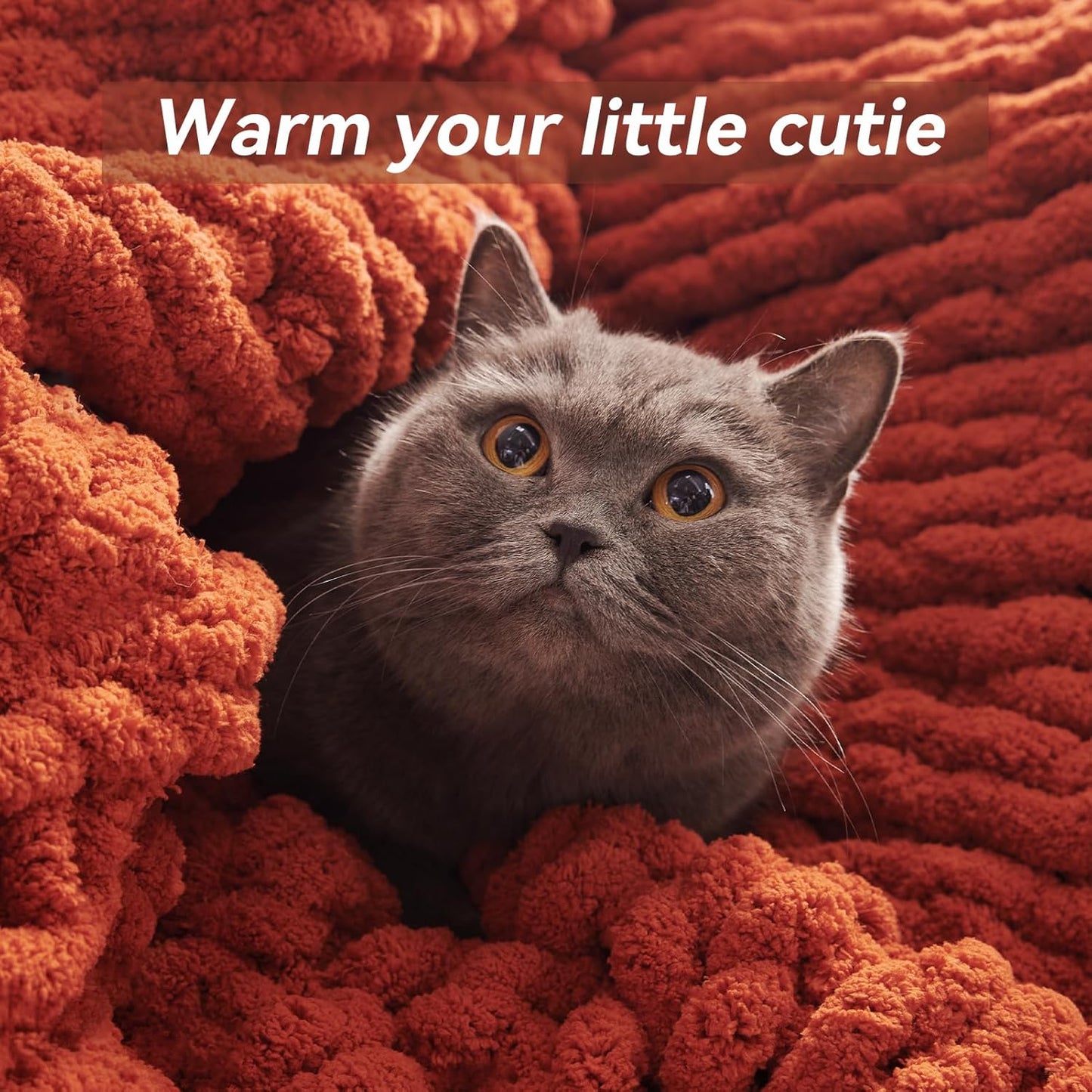 Chunky Knit Throw Blanket, 50''*60'' Fall Throw Blanket Knitted Chenille Yarn for Bed Couch, Handmade Orange Crochet Big Thick Blanket, Machine Washable Cute Comfy Blankets for Home Decor