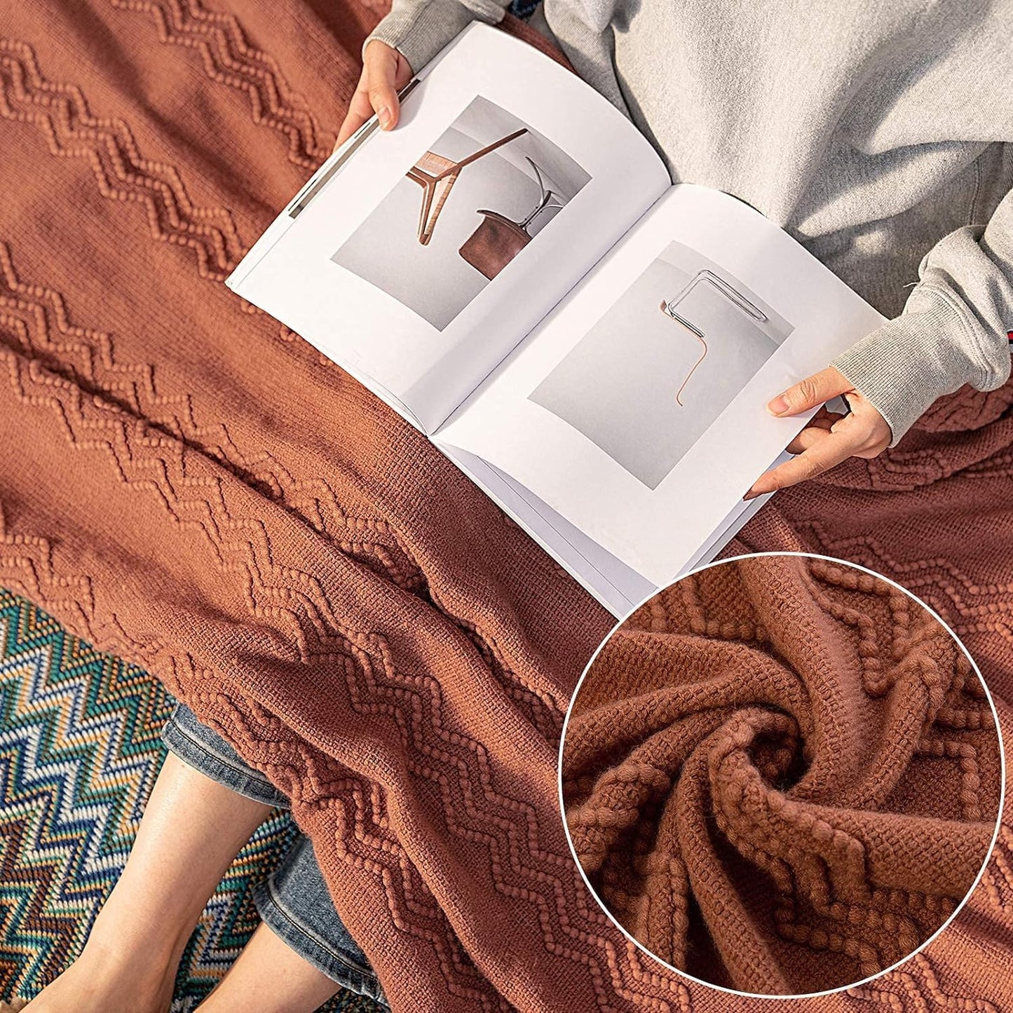 MIULEE Fall Orange Knitted Throw Blanket for Couch Boho Terracotta Rust Textured Cozy Woven Blanket with Tassels for Sofa Chair Bed Living Room Acrylic Wave Pattern 60"x80"