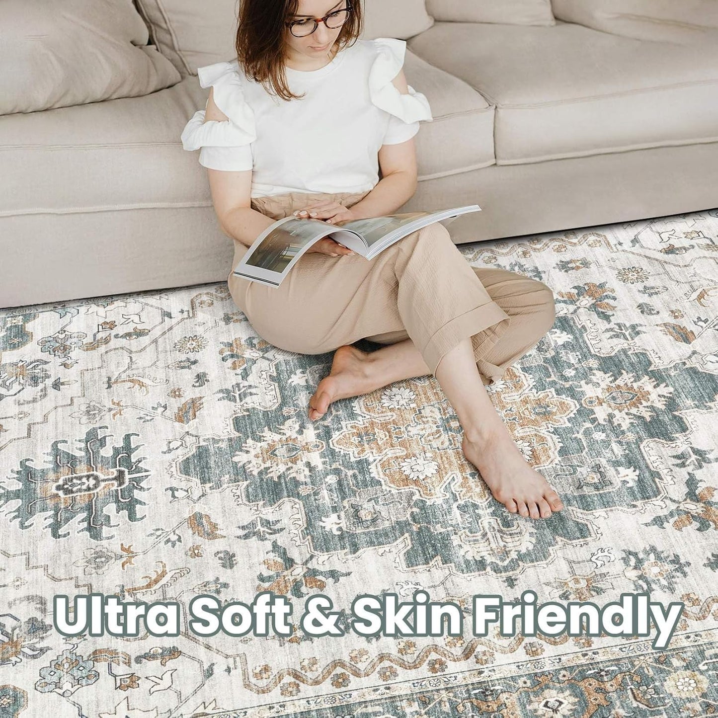 Washable Area Rugs for Living Room -9x12 Neutral Vintage Distressed Floral Farmhouse Boho Large Soft Floor Rug Indoor Non Slip Carpet for Living Room Bedroom Dining Room Office -Green/Grey