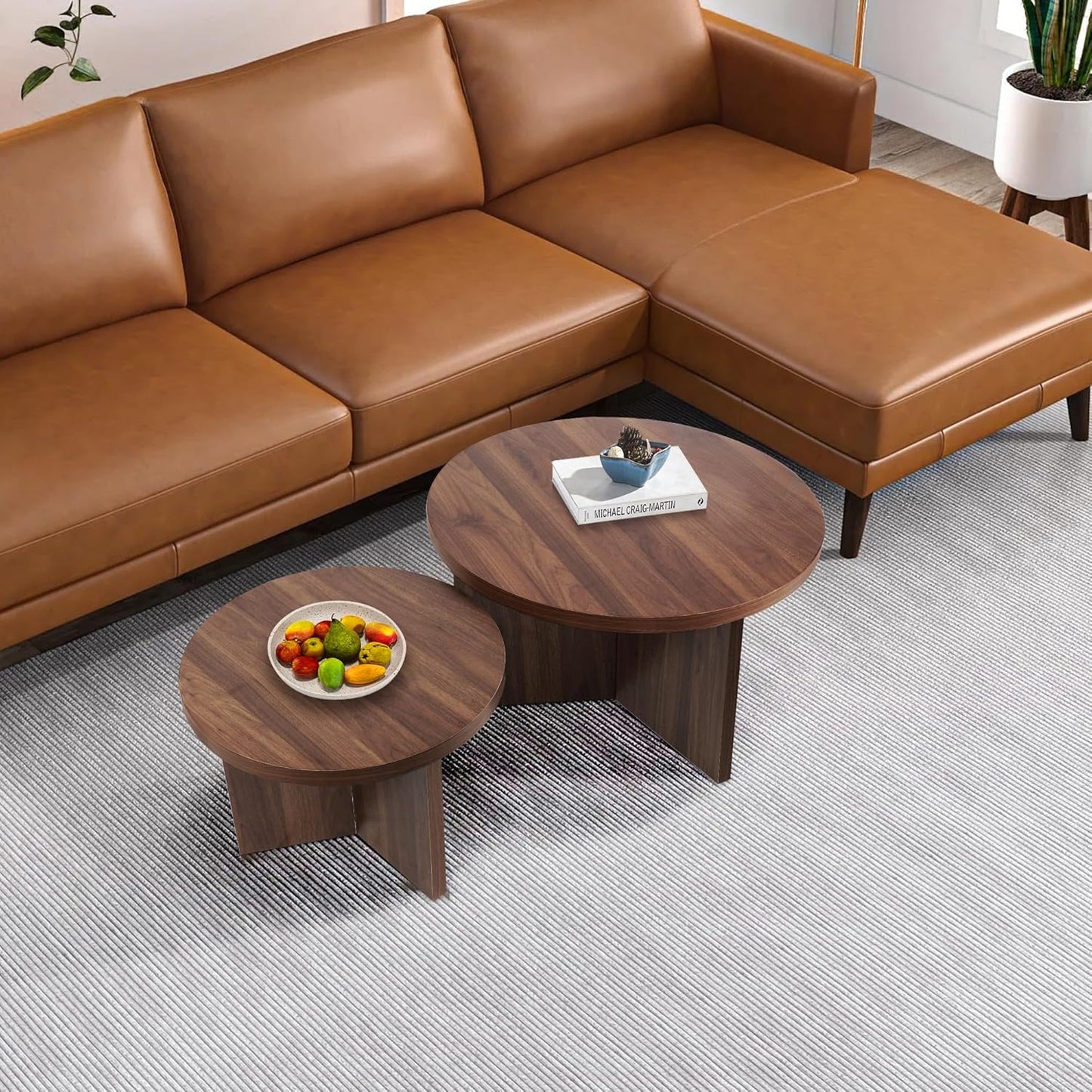 Round Nesting Coffee Tables Set of 2, Modern Stacking Table with Wood Grain Finish, End Table Side Tables for Living Room (Walnut)