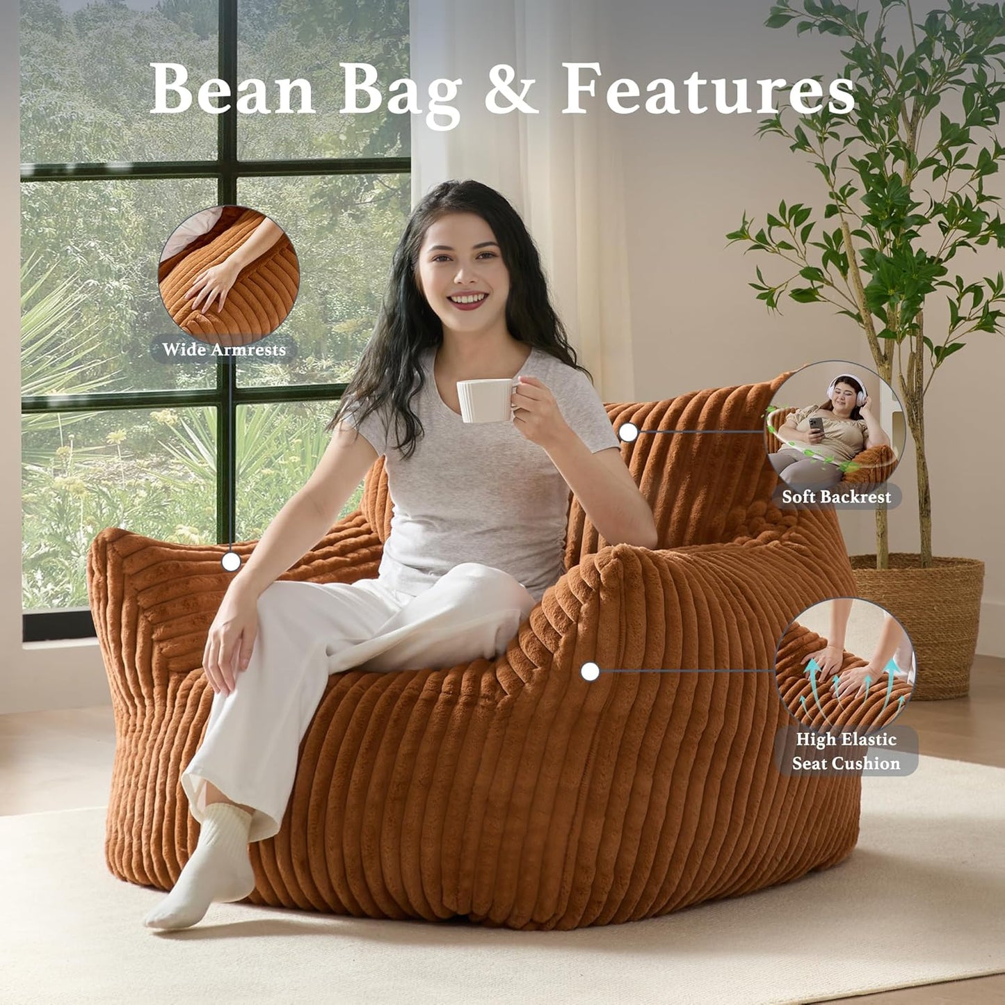 Giant Plush Bean Bag Chair for Adults with Armrests - Oversized Comfy Orange Beanbag Lounge Lazy Floor Sofa Accent Chair for Living Room, Bedroom & Dorm, Cozy Fluffy Single Cloud Mini Couch
