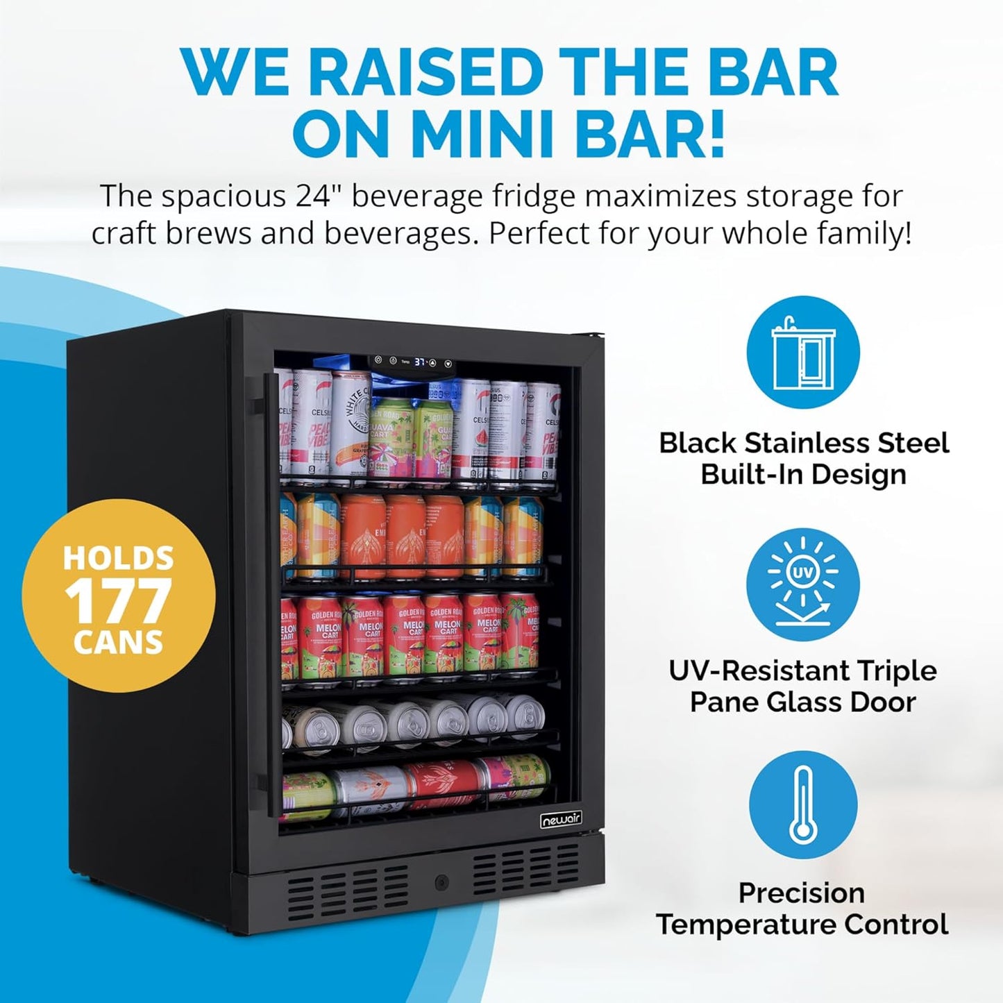 Newair 24" Beverage Refrigerator 177 Can Capacity, Black Stainless Steel Mini Fridge with Built-in Cooler and Glass Door, Cool your Soda, Beer, and Beverages to 37F