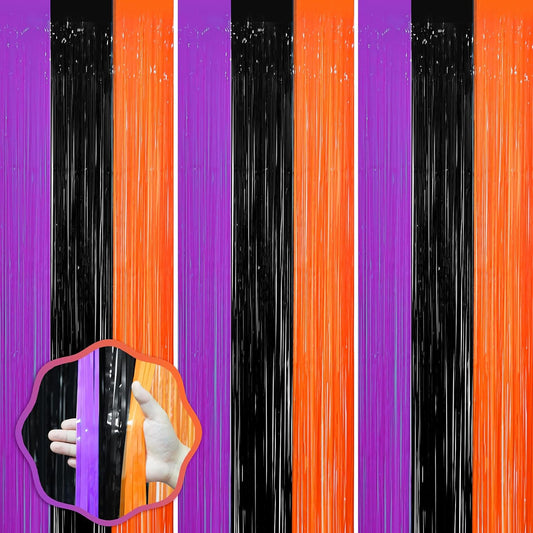 3 Pack 3.3 x 8.2 ft Halloween Foil Fringe Backdrop Curtains, Tinsel Streamers Party Decorations, Fringe Backdrop