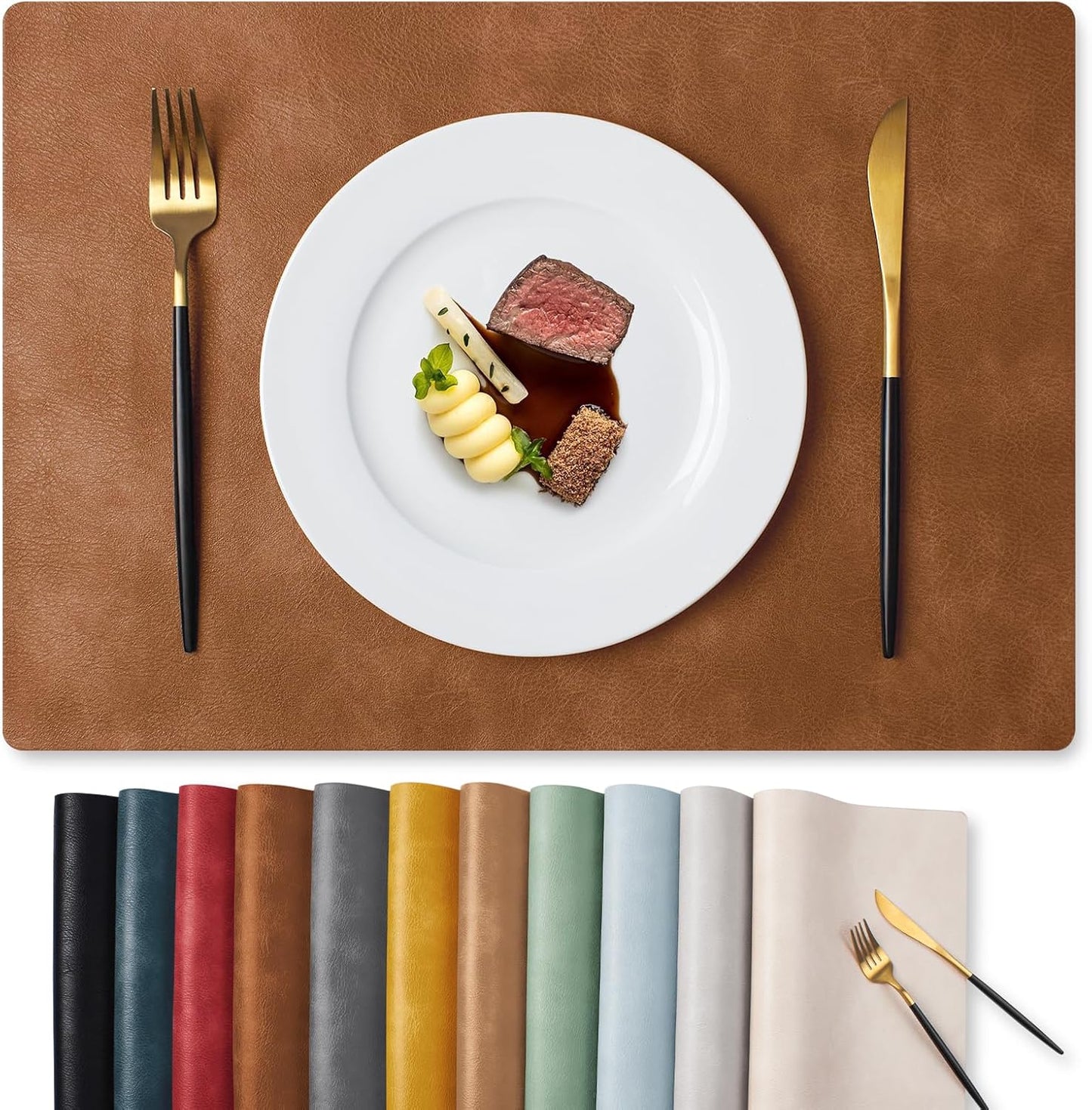 MOSAYT Vinyl Placemats Set of 6-12 X 17 Inch - Fall Faux Leather 100% Waterproof Oil-Proof Wipeable PU Place Mats, Heat Resistant Reversible Table Mats for Kitchen, Dining, Outdoor (Reddish Brown)