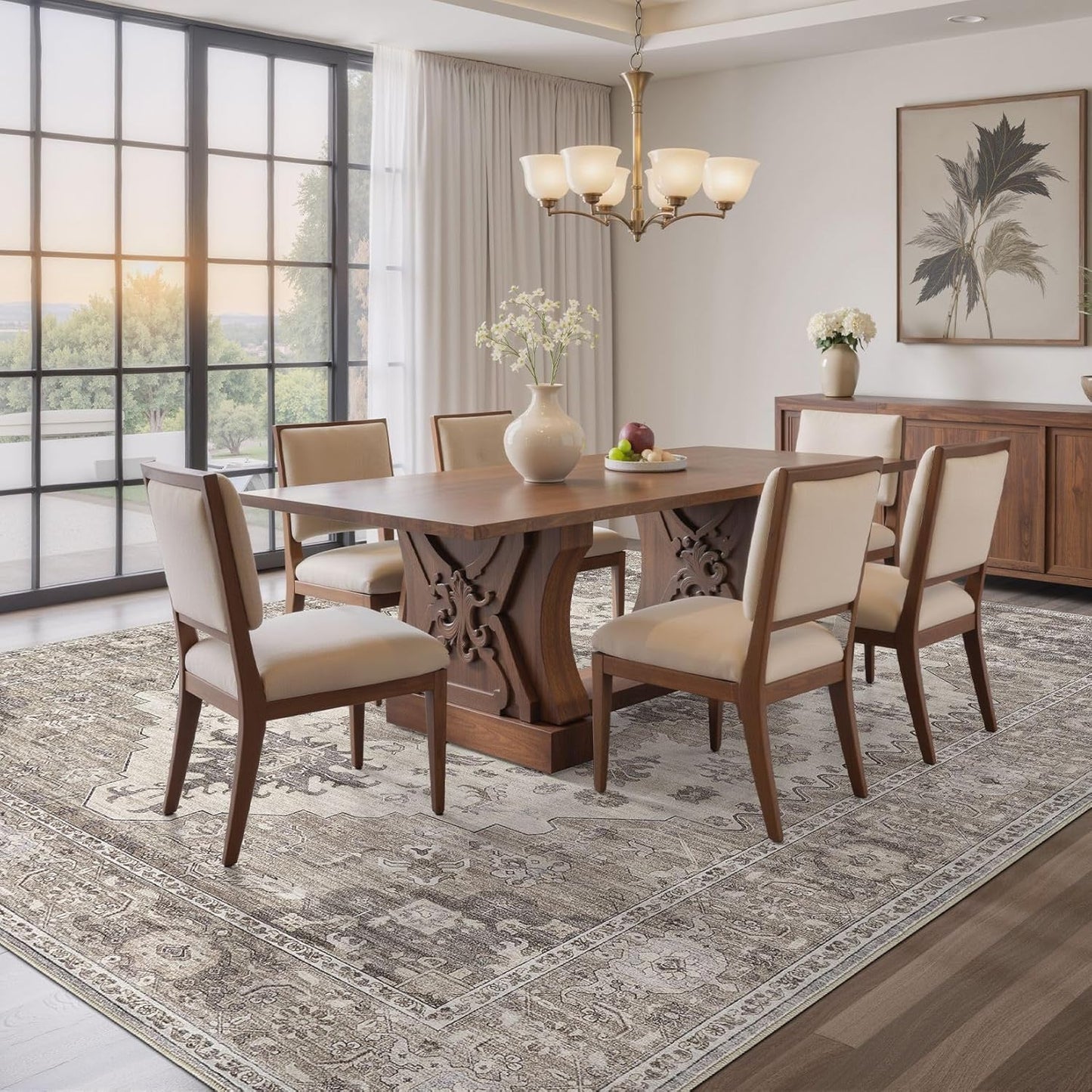 Washable Area Rugs for Living Room - 7x9 Neutral Vintage Distressed Floral Farmhouse Boho Large Soft Floor Rug Indoor Non Slip Carpet for Living Room Bedroom Dining Room Office -Brown/Beige