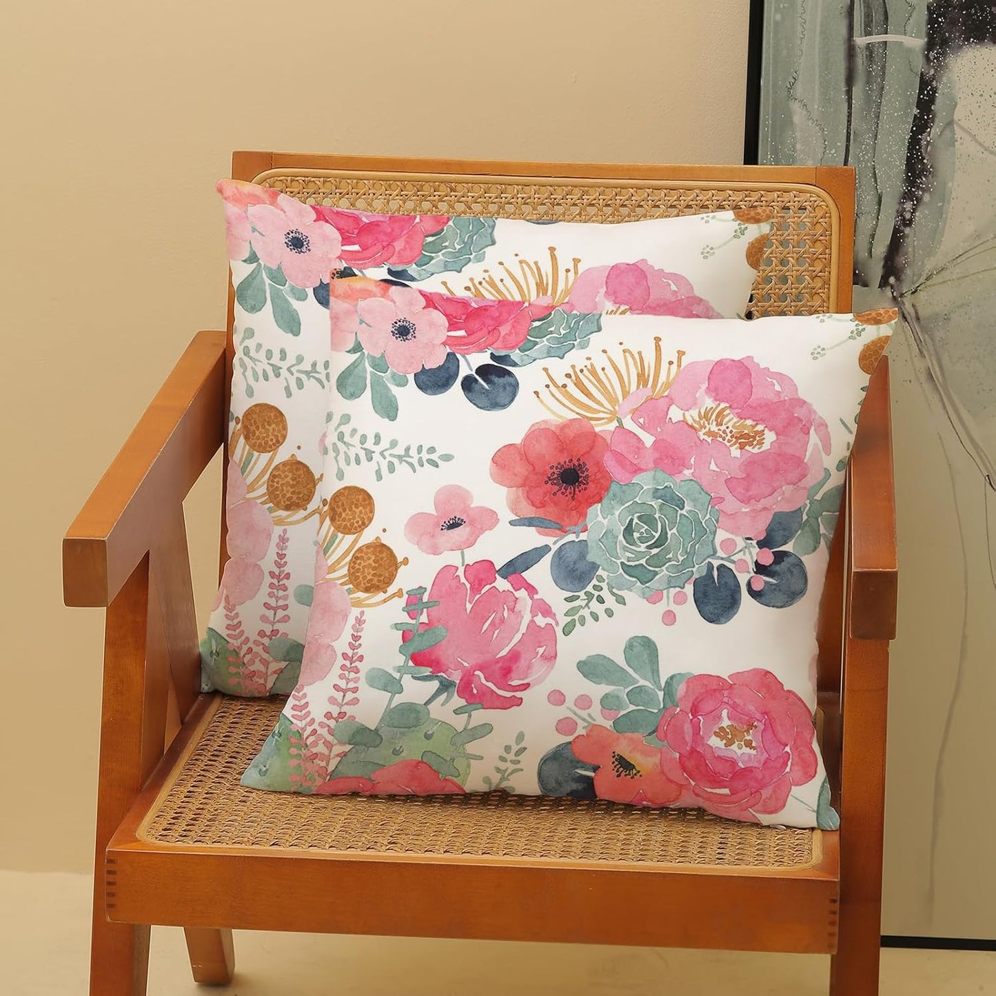 CXMEIFLY Spring Floral Pillow Covers 20 x 20 Inch Set of 2 for Watercolor Pink Flowers Decor Throw Pillows Green Leaves Plant Outdoor Decorative Cushion Cases with Zipper for Couch Bed Decorations