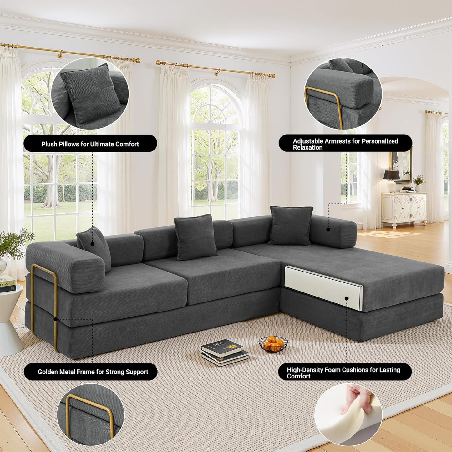 108" Oversized Convertible Sleeper Sofa Bed, Corduroy L Shape Sectional Couch, Folding Sofa Bed with Side Pocket, Modern Cloud Floor Mattress Couch, Modular Sofa for Living Room, Grey