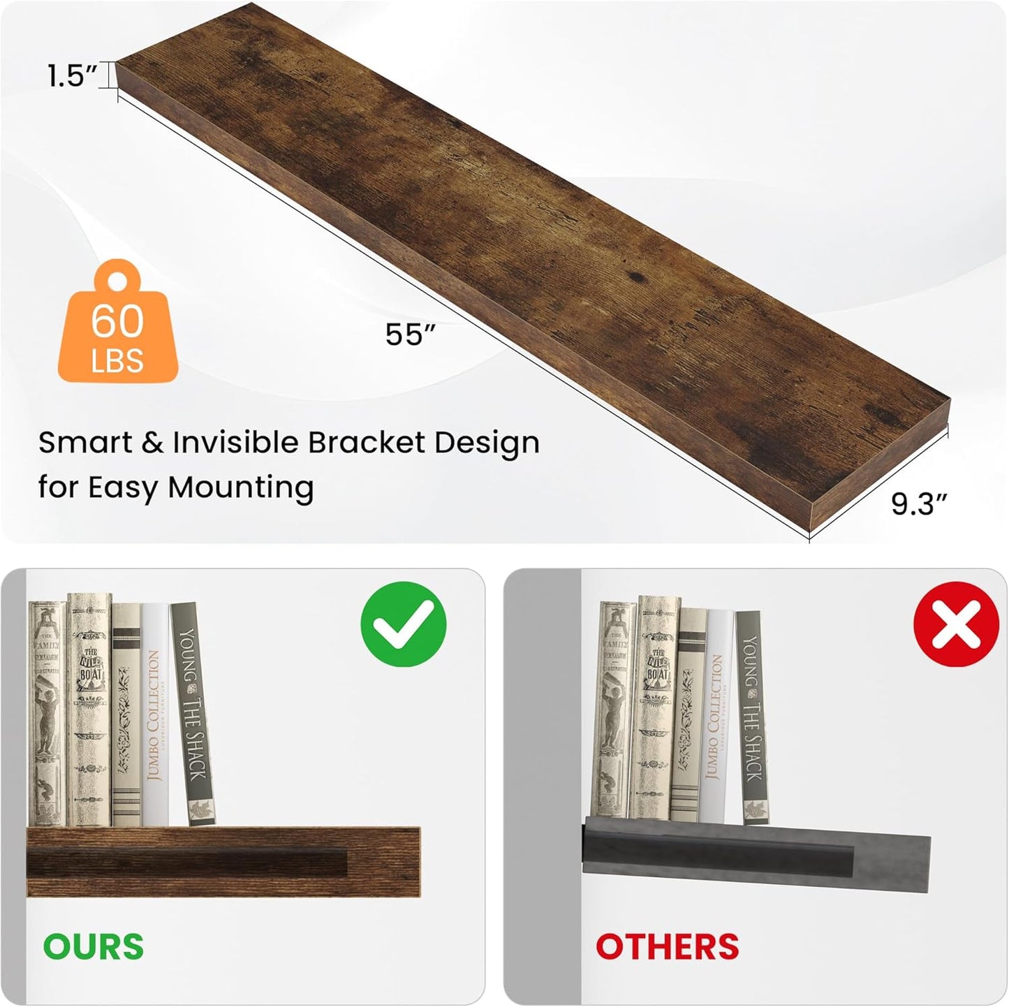 Floating Shelves for Wall, 55"W x 9.3"D x 1.5"H, Long Wooden Wall Mounted Display Shelf with Invisible Brackets for Living Room, Bedroom, Bathroom, Kitchen Decor & Storage,Set of 1,Rustic Brown