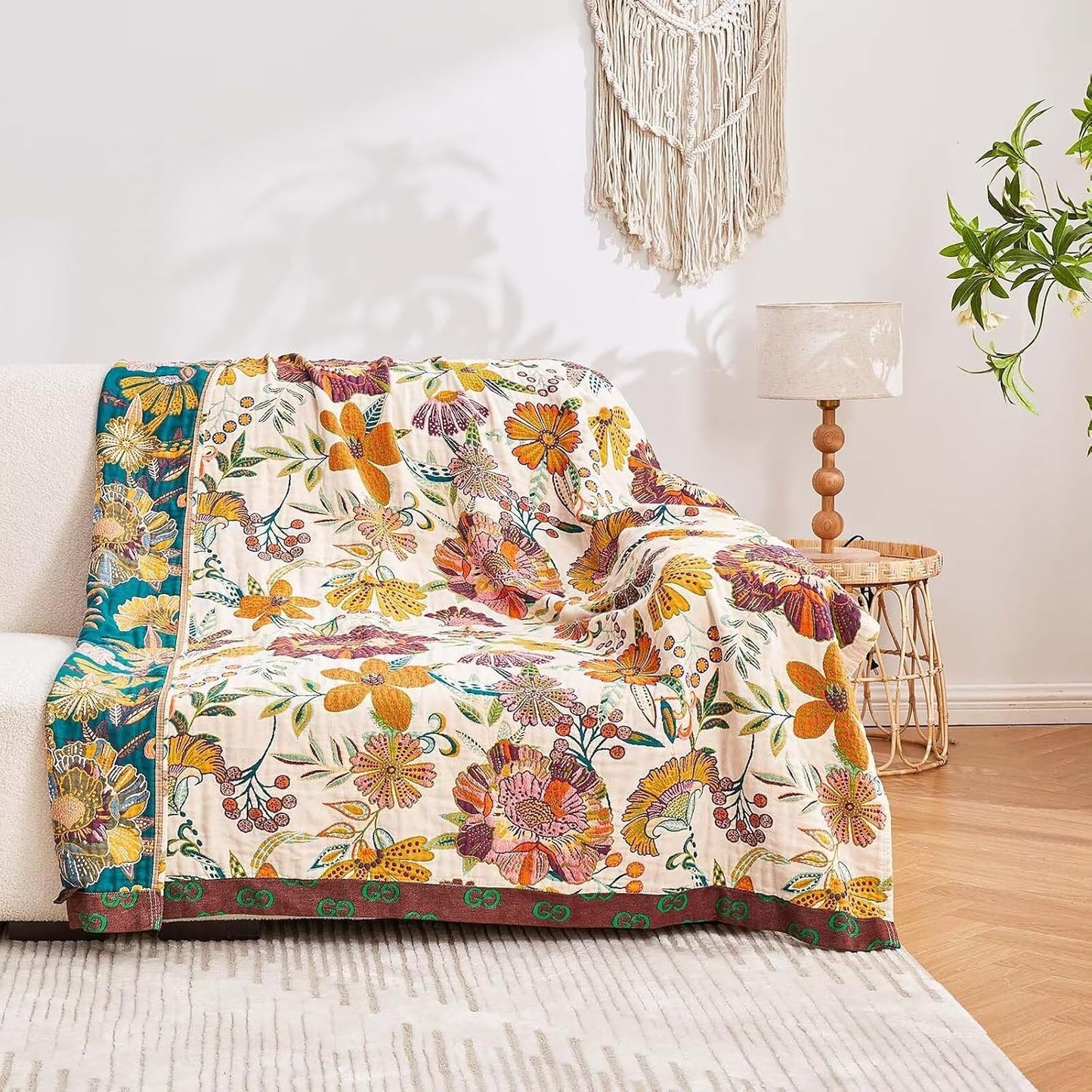Boho Throw Blanket, 100% Cotton Ultra Soft Luxury Throw Rustic Quilt, 90"x98" Floral Printed Farmhouse Decor Bed Summer Blankets, All Season Rustic Reversible Bohemian Throw for Bed - White