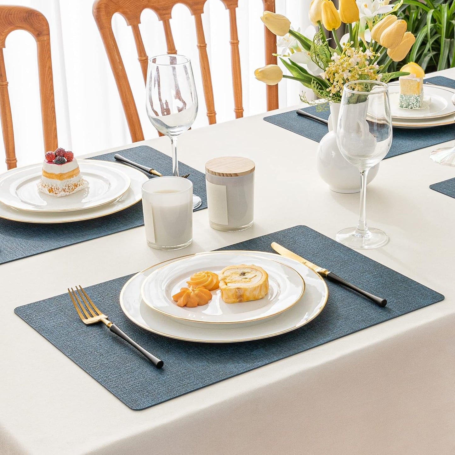 Romanstile Vinyl Placemats Set of 12-12 X 18 Inch - Heat Resistant Place Mats 100% Waterproof Oilproof Wipeable Reversible Faux Leather Table Mats for Kitchen/Dining/Party/Outdoor, Navy Blue