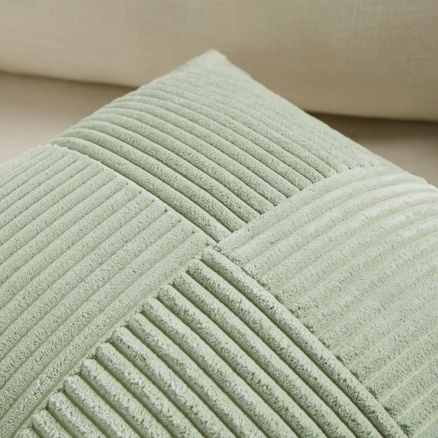 Fancy Homi 2 Packs Sage Green Decorative Throw Pillow Covers 16x16 Inch for Living Room Couch Bed, Rustic Farmhouse Boho Home Decor, Soft Corss Patchwork Corduroy Textured Square Cushion Case 40x40 cm