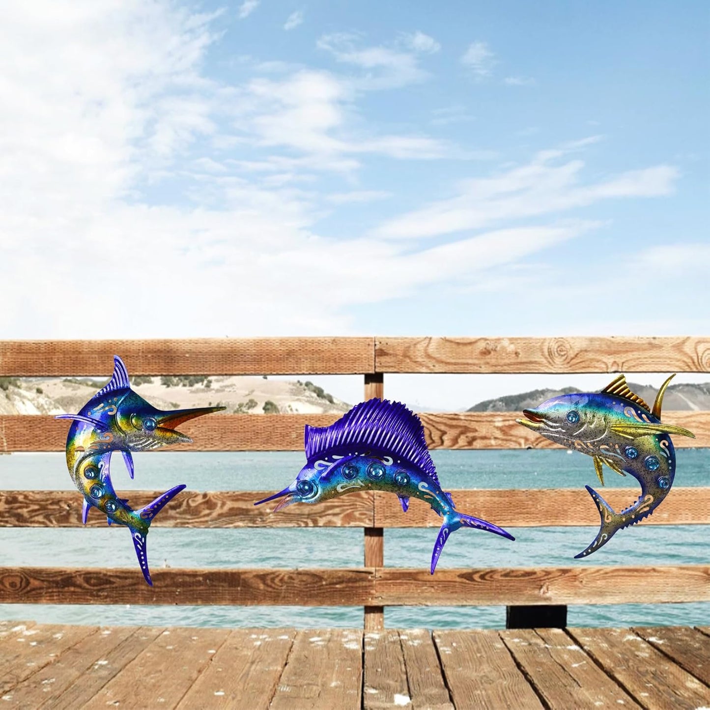 Metal Fish Wall Art Decor, 3-Piece Marlin Tuna Swordfish Set, Blue and Gold Tropical Ocean Theme Outdoor Wall Decor for Patio Garden Yard, Decorative Hanging Sculptures