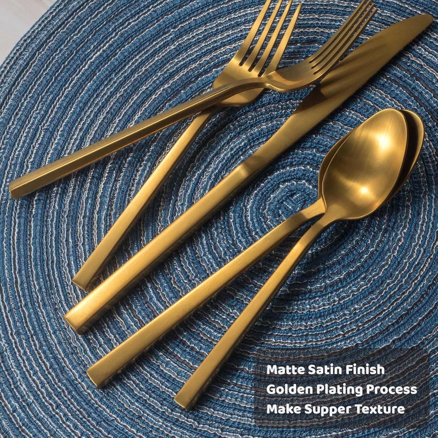 Alata Cube Gold 45-Piece Flatware Set, Forged Cutlery Set, Matte Gold Silverware Service for 8, Stainless Steel Tableware with Square Handle for Home/Restaurant, Dishwasher Safe