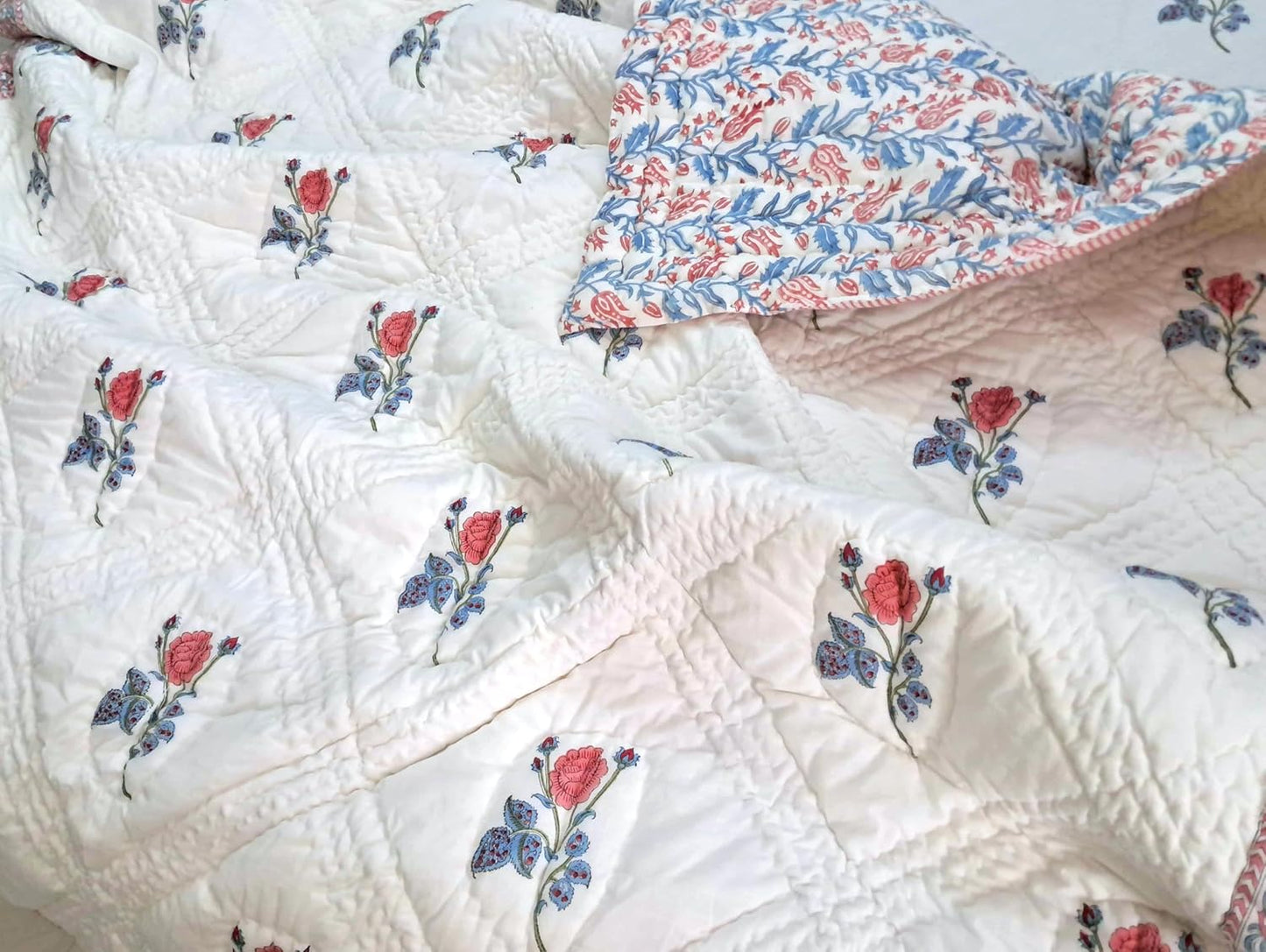 Queen Size Rose Pink Cotton Throw Blanket – Hand Block Printed 90x108 Bedspread – Lightweight Soft Quilt for Sofa, Couch, or Bed – Cozy All-Season Boho Blanket