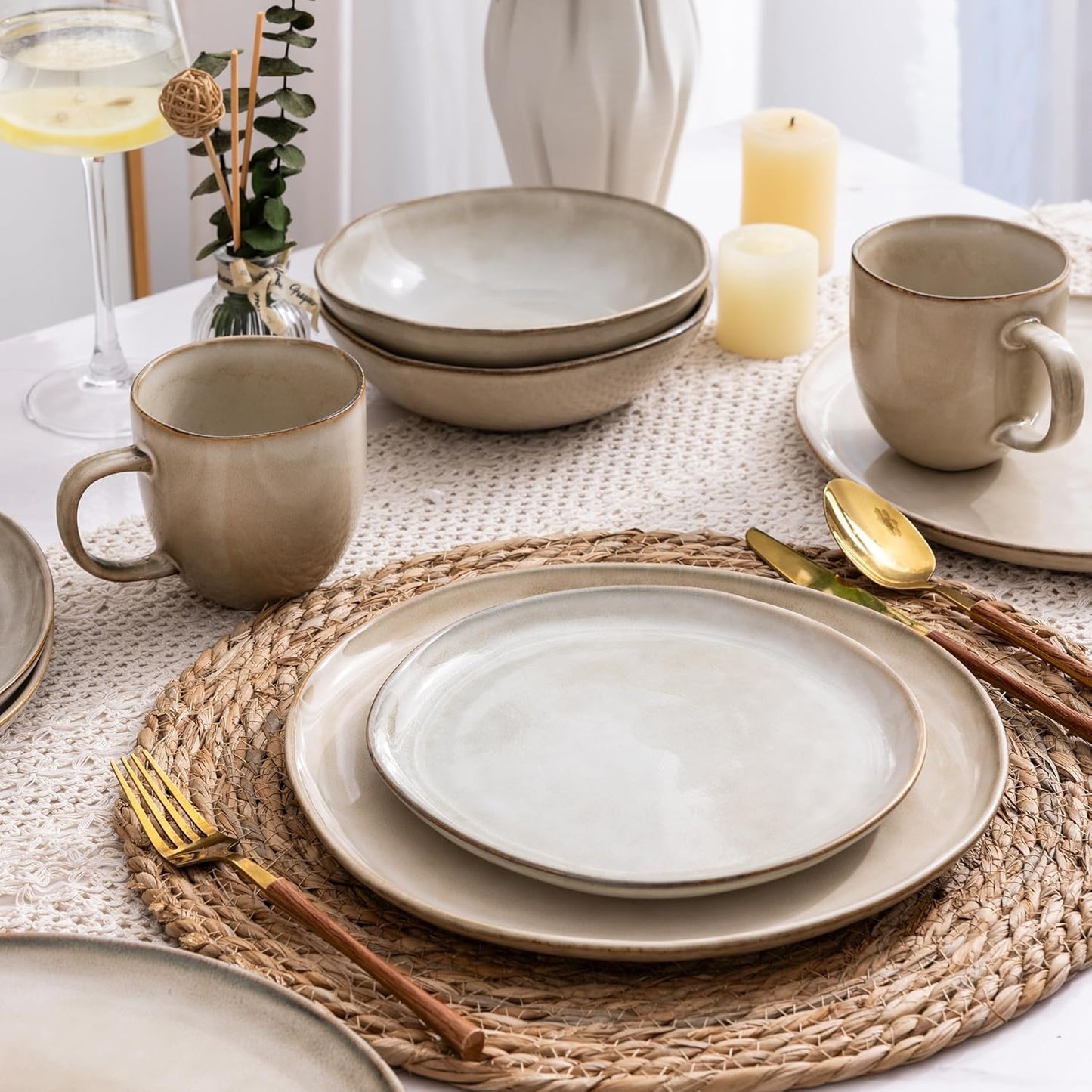 AmorArc Ceramic Dinnerware Sets,Handmade Reactive Glaze Stoneware Plates and Bowls Sets,Highly Scratch Resistant | Dishwasher & Microwave Safe Dishes Set,Service for 12 (36pc)