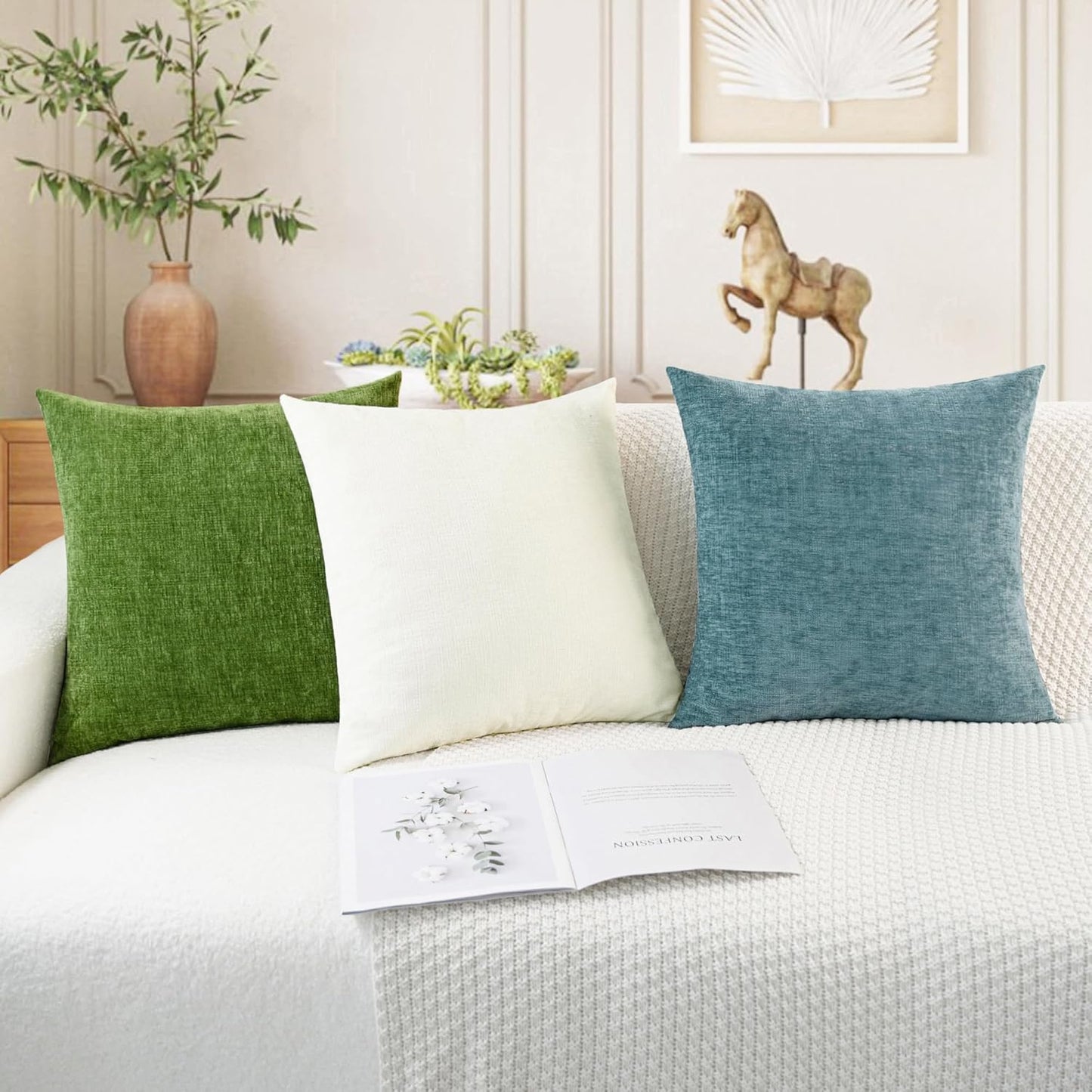 CaliTime Throw Pillow Covers Decorative 18 X 18 Inches Pack of 4 Cozy Chenille Cushion Cases for Couch Sofa Bed Living Room Home Cream