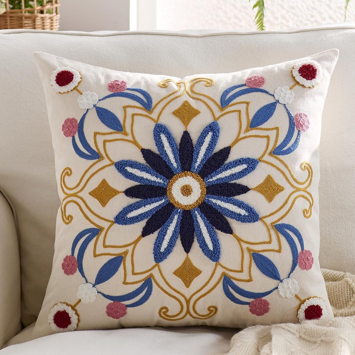 Embroidered Throw Pillow Cover 18x18 Classic Boho Floral Pattern Pillows Cover Outdoor Decorative Pillowcase,Durable Cozy Textured Cushion Case for Sofa Couch Bed Living Room,Blue