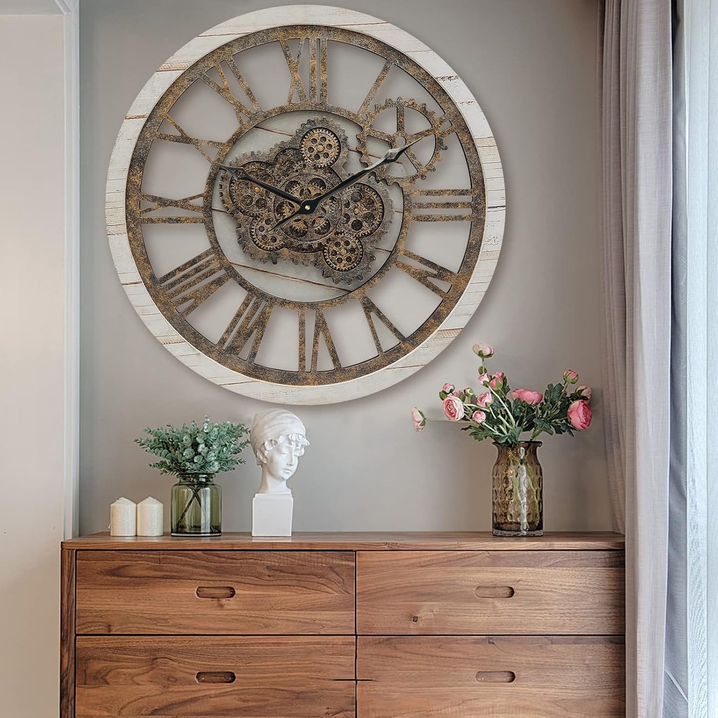 HOIBAI Wall Clock, 24 Inch Moving Gears Clock Large Wall Clock for Living Room Decor Rustic Vintage Industrial Steampunk Farmhouse Big Clock for Home Kitchen Bedroom Office