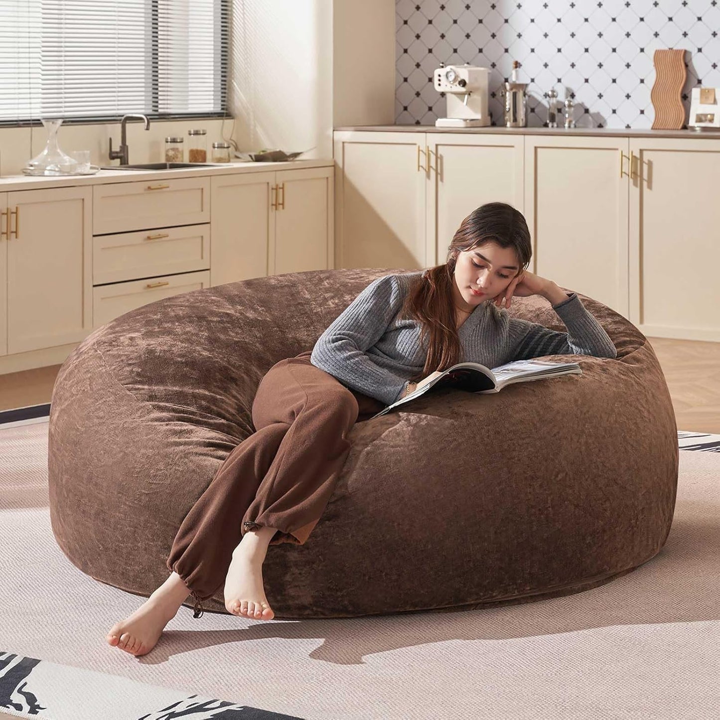 Bean Bag Chair 5Ft, Memory Foam Filled, Large Beanbag Chairs for Adults and Teens, Soft Sofa with Removable Flannel Cover, Round Couch for Living Room Bedroom College Dorm (Coffee, 5FT-60×60"×24")