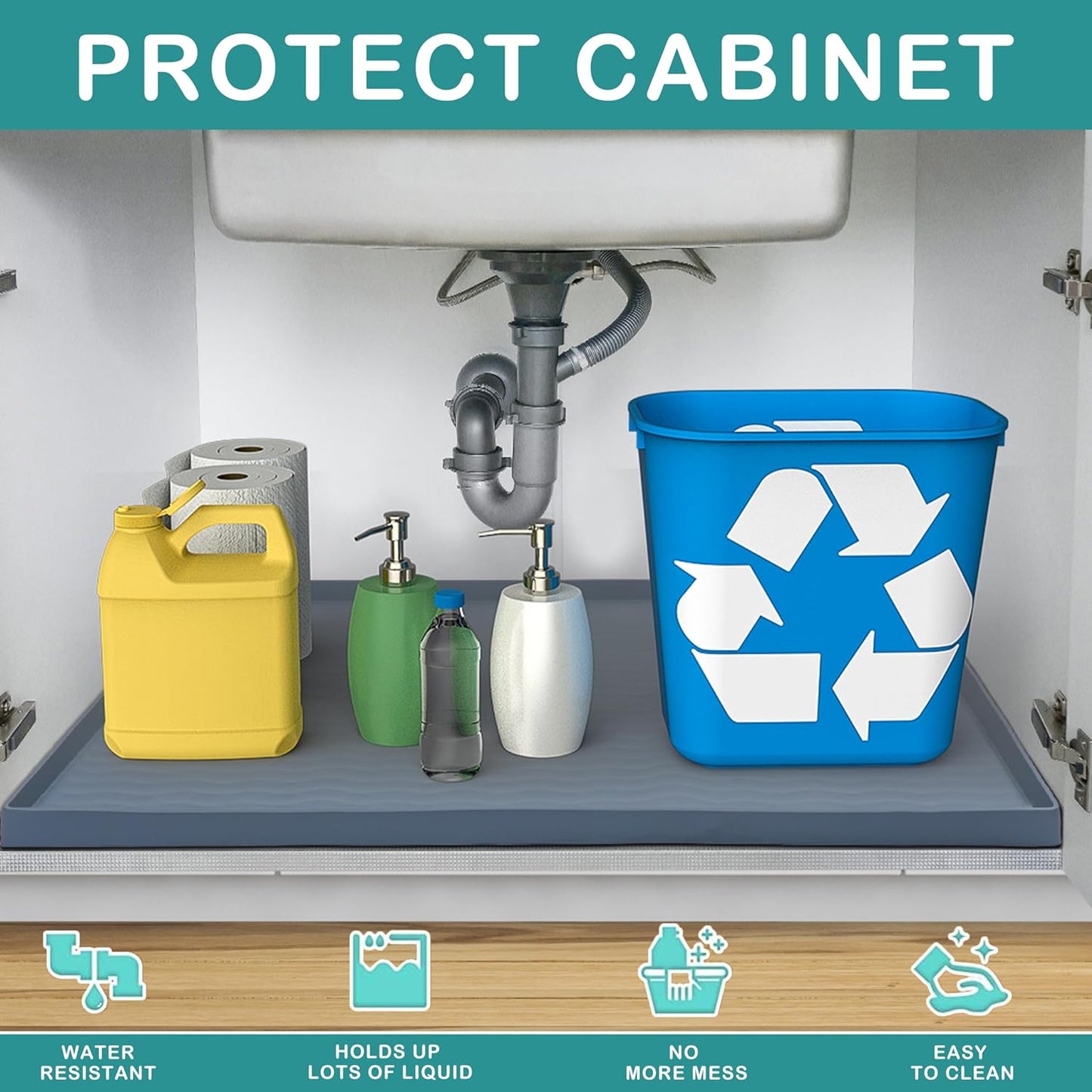 URMONA Waterproof Silicone Under Sink Mat 34'' x 22'' Shelf Liner for Kitchen and Bathroom, Cabinet and Counter Protector, Storage and Organizers, Litter Mat, Pet Cat Puppy Essentials(Gray)