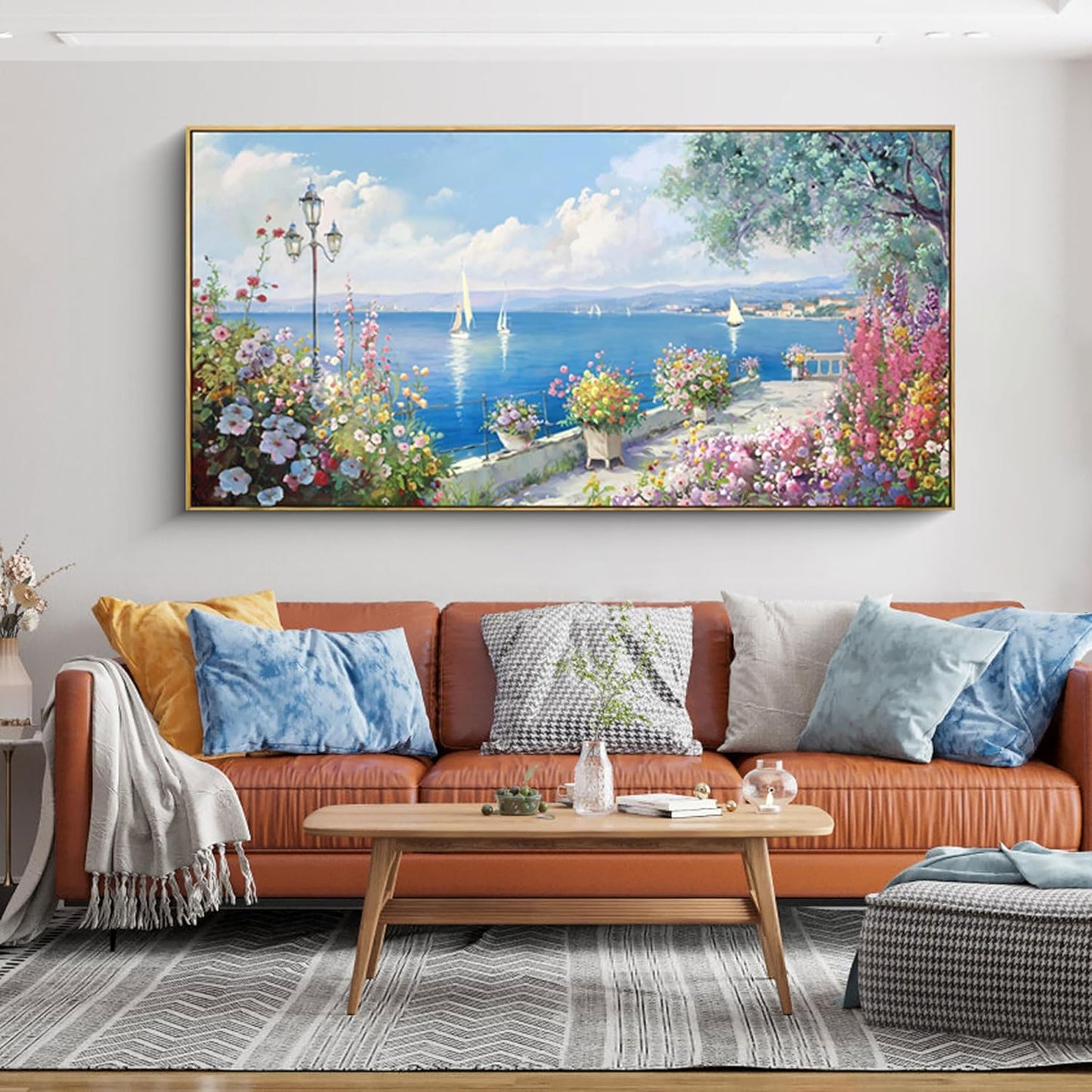 XLSJERST Large Coastal Wall Art - Ocean Seascape Canvas Yellow Green Flowers Painting Landscape Sailboat Picture Artwork Modern Large Framed for Living Room Bedroom Home Office Decor 58x29 Inches