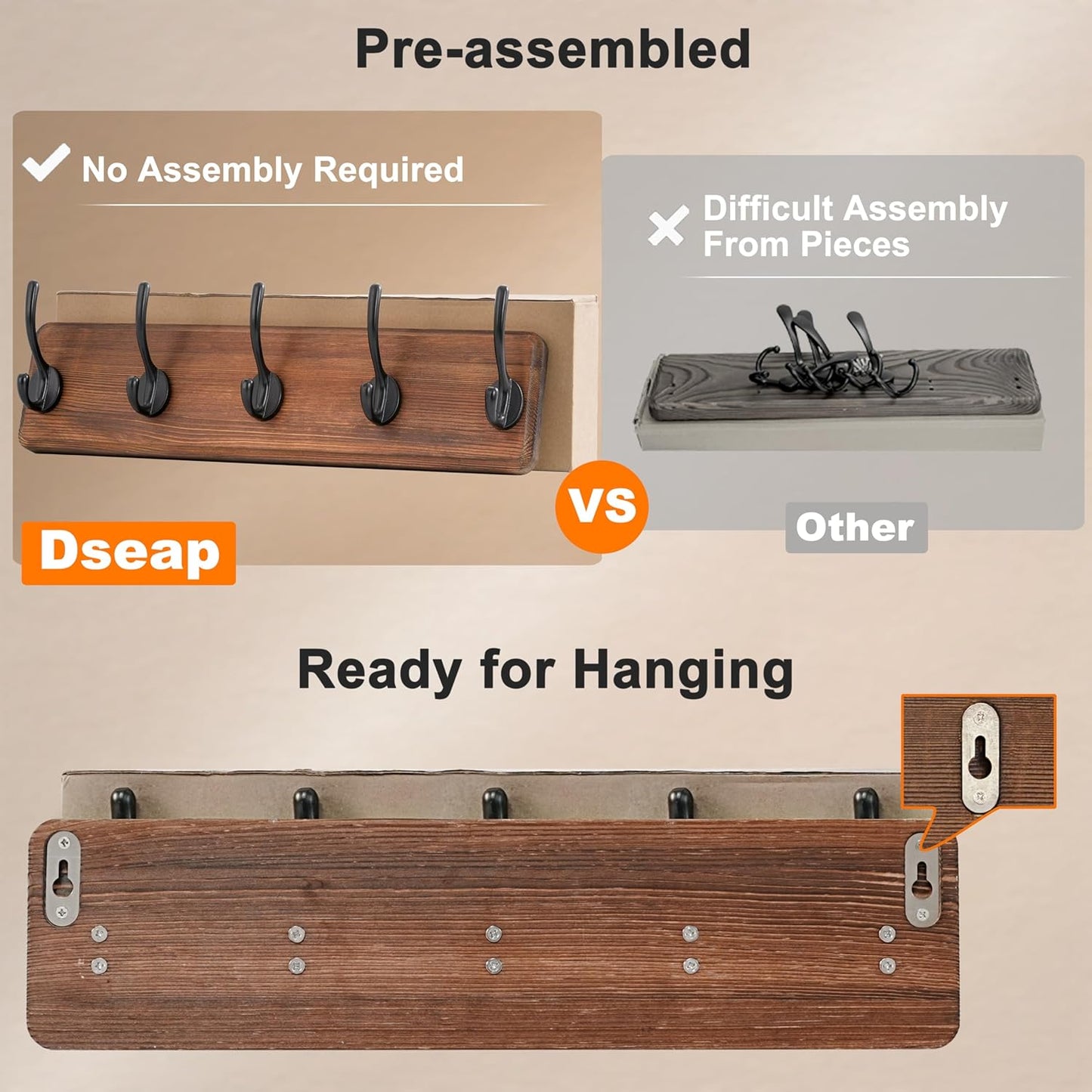 Dseap Coat Rack Wall: Patented, Heavy-Duty, 5-Double-Hooks Wooden Wall Mounted Coat Rack Coat Hanger Hook Rail for Winter Coats Hat Jacket Clothing, Light Brown, Pack of 2