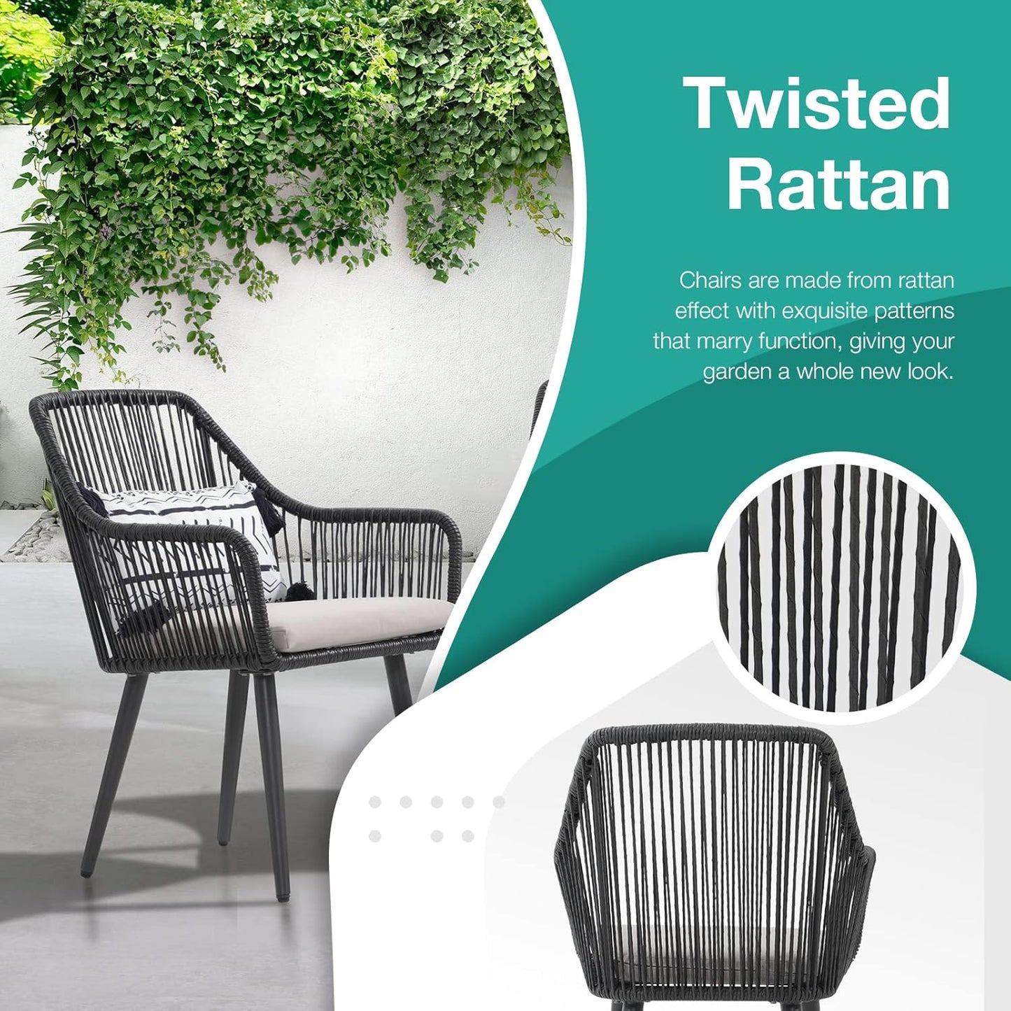 Patiorama Outdoor Dining Chairs, Patio Dining Chair Set of 4, All-Weather Woven Rope Rattan Chairs, Outdoor Dining Wicker Chairs with Armrests for Indoor Balcony Pool Backyard(Black)