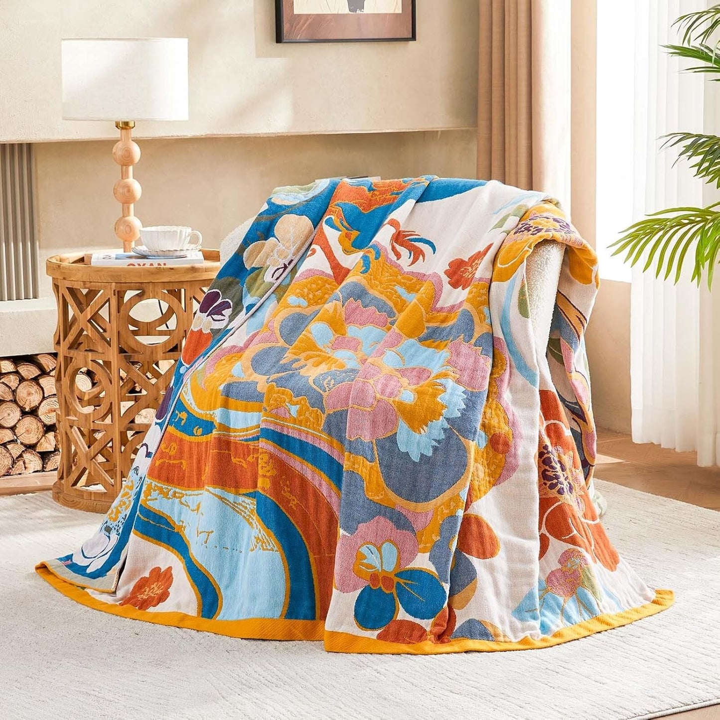 Boho Throw Blanket, Lightweight Blankets for Summer, 100% Cotton Bohemian Decorative Throw Blanket, 50"x60" Reversible Muslin Breathable Woven Farmhouse Blankets Quilt,