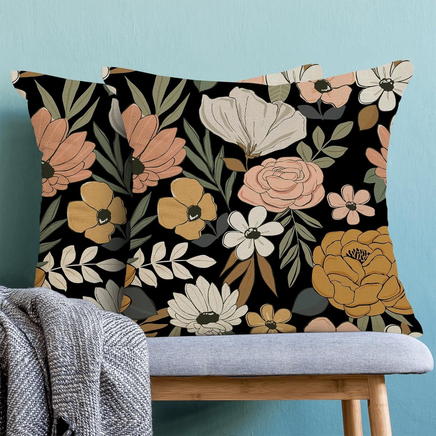 CXMEIFLY Spring Floral Pillow Covers 20 x 20 Inch Set of 2 for Vintage Pink Mustard Yellow Cream Flowers Decor Throw Pillows Plant Black Outdoor Decorative Cushion Cases for Couch Bed Decorations
