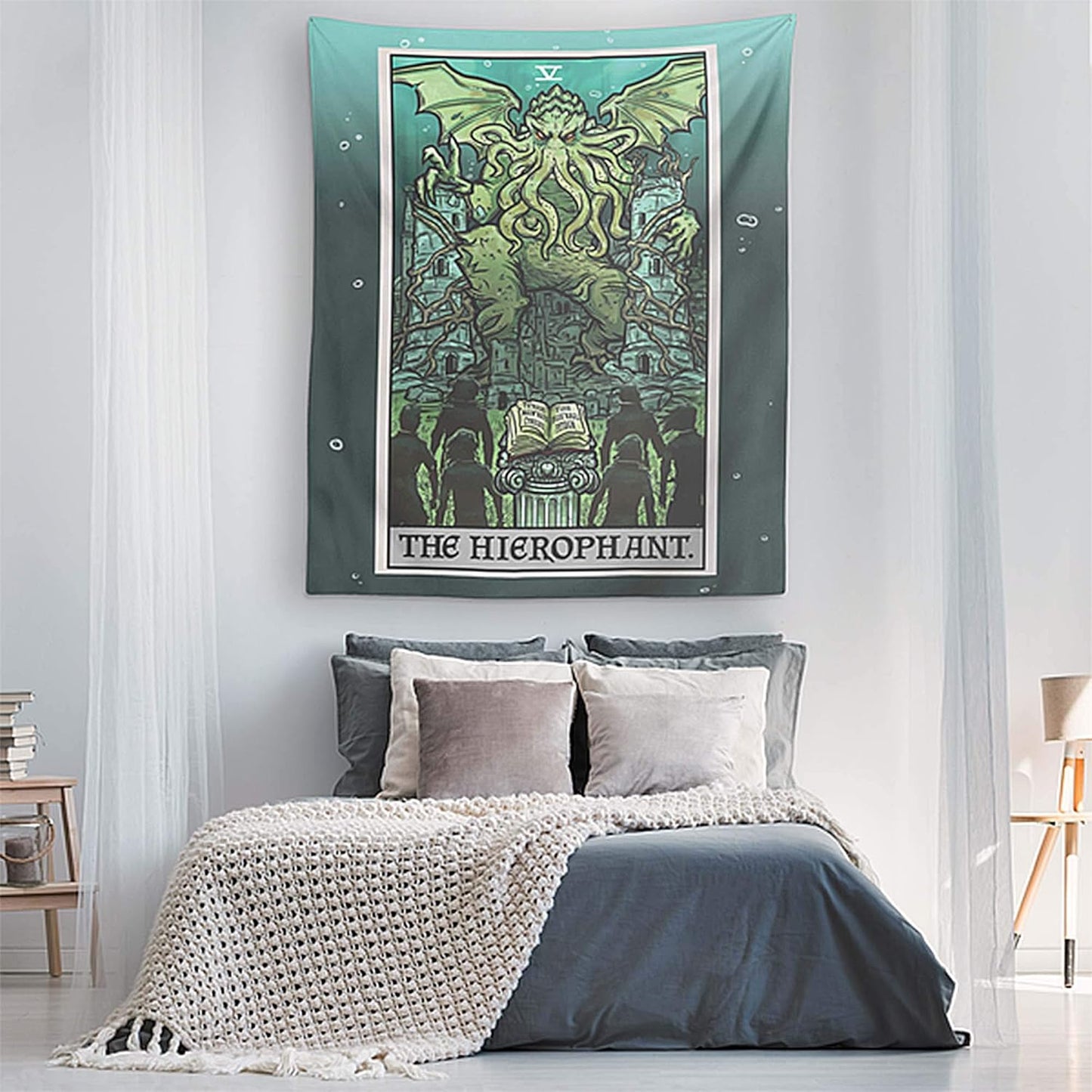 Cthulhu The Hierophant Tarot Card Tapestry Wall Hanging H.P. Lovecraft Horror Home Decor Halloween Wall Art (60" x 50")