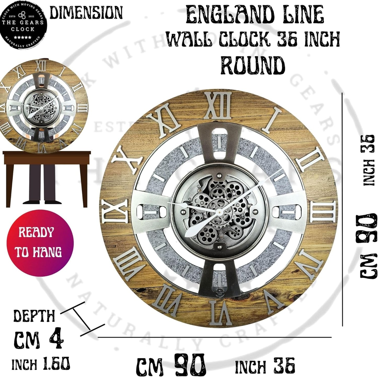 The Gears Clock Real Moving Gear Wall Clock England Line (Carbon Grey, 36 inches (90 cm))
