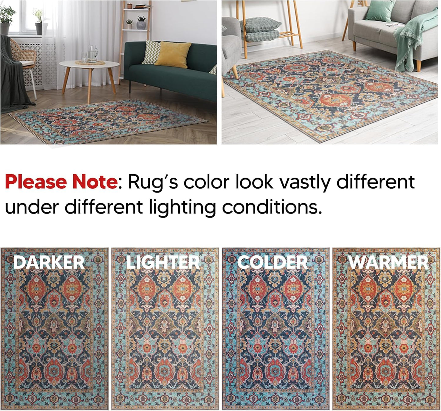 Keen Home Design 6x9 Rug - Machine Washable Area Rug with Non-Slip Backing, Ideal for Living Room, Dining Room, Bedroom - Vintage, Easy Clean, Durable, Low Pile Rug - (6' x 9')