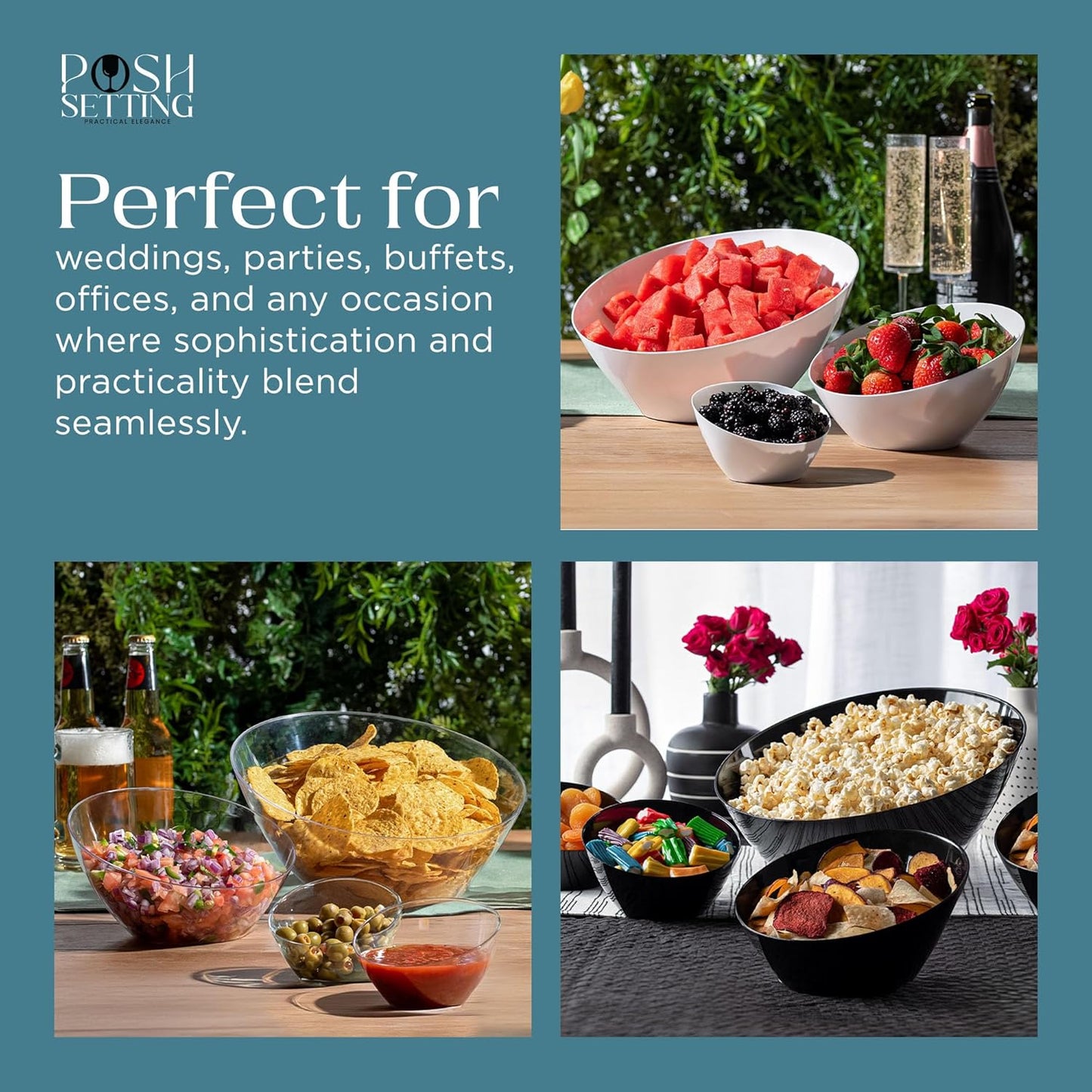 Posh Setting - Silver Plastic Serving Bowls Angled & Candy - Salad & Fruit Serving Bowls Wedding - 8 OZ, Glitter, 5 Pack