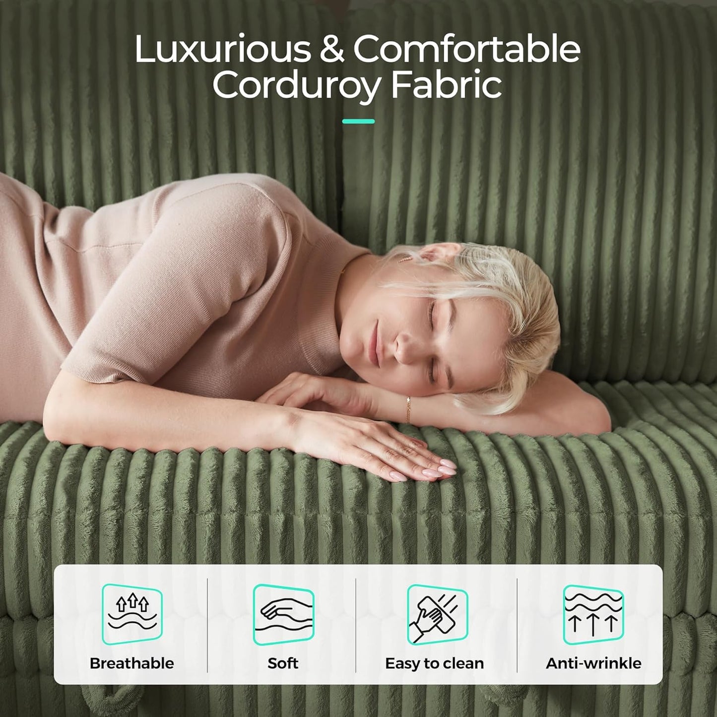 LINSY HOME Loveseat Sofa with Storage - Comfy Plush Corduroy 2 Seater Sofa with USB Charging & Cup Holders, Deep Seat Love Seat for Small Spaces Living Room Bedroom Apartment, Green