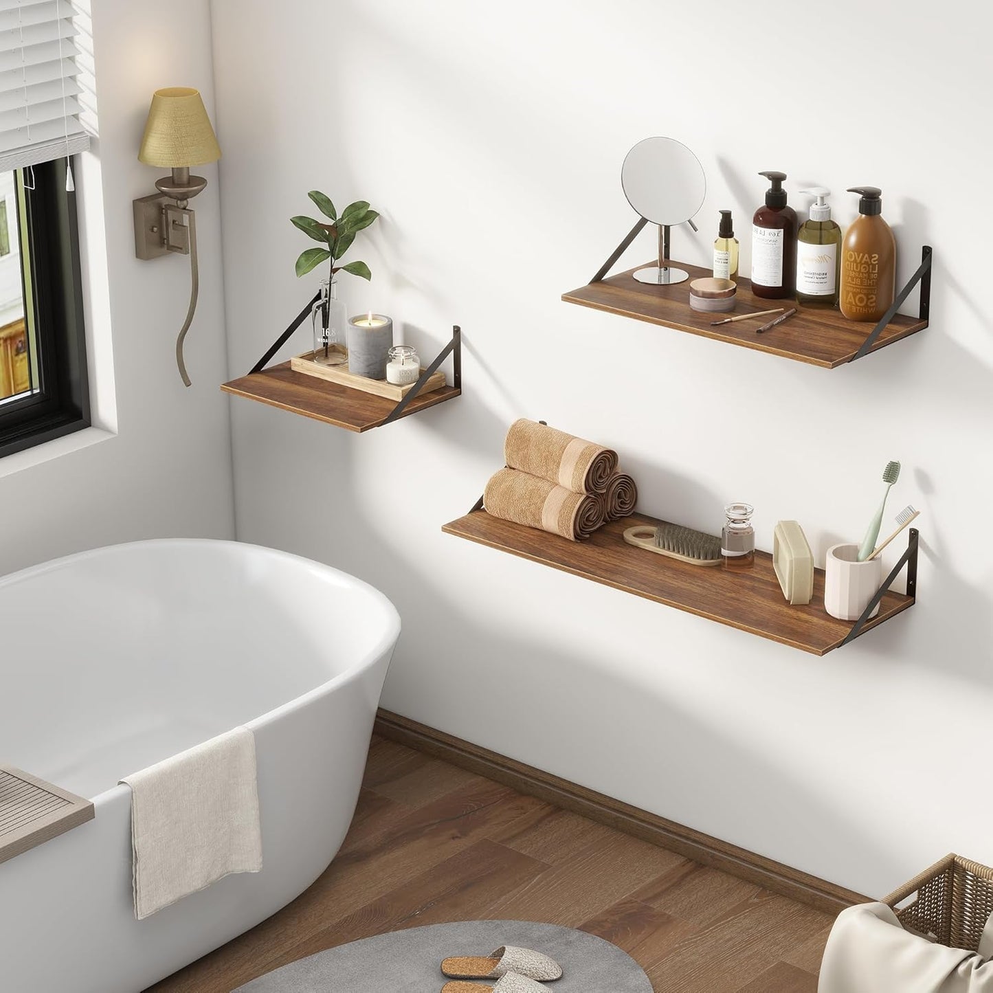 Deep Floating Shelves for Wall, 12 Inch Deep Floating Shelves Set of 2, 16"W x 12"D Wall Shelf, Wide Display Ledges Shelves for Bedroom, Bathroom, 12 Deep Bookshelf Wall Mounted - Walnut Color