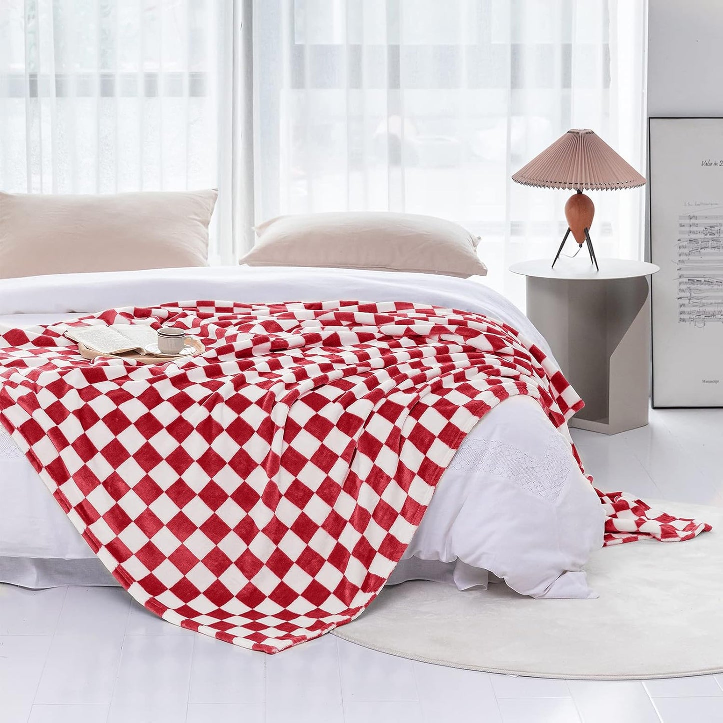 LOMAO Throw Blankets Flannel Blanket with Checkerboard Grid Pattern Soft Throw Blanket for Couch, Bed, Sofa Luxurious Warm and Cozy for All Seasons (Red, 60"x80")