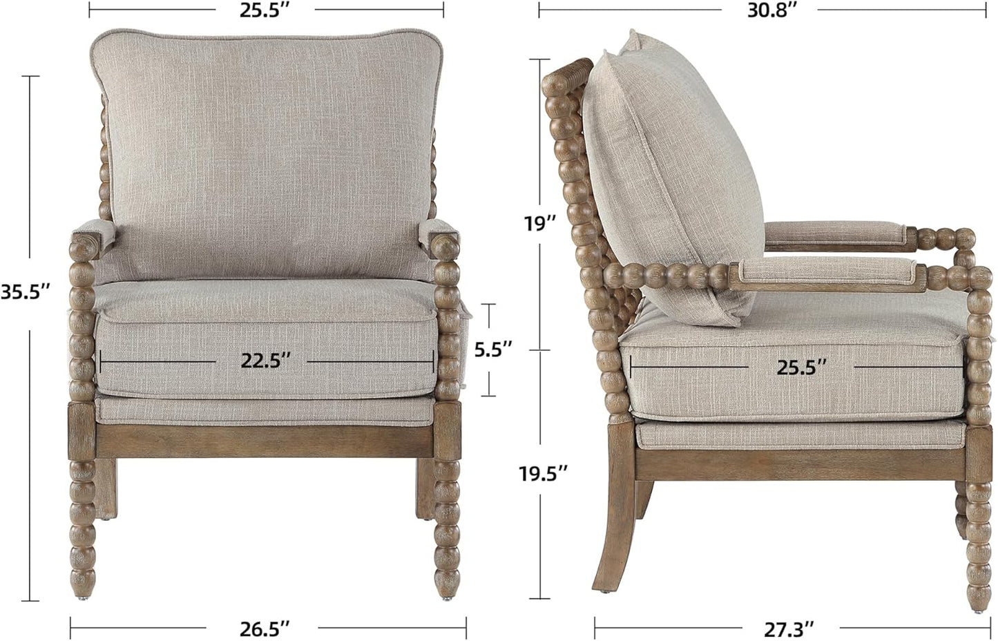 DUHOME Linen Fabric Spindle Accent Chairs Set of 2,Spool Chairs with High Resilience Spring Cushion and Armrest Pads, Leisure Armchair for Living Room Bedroom Farmhouse Home Office Belcony
