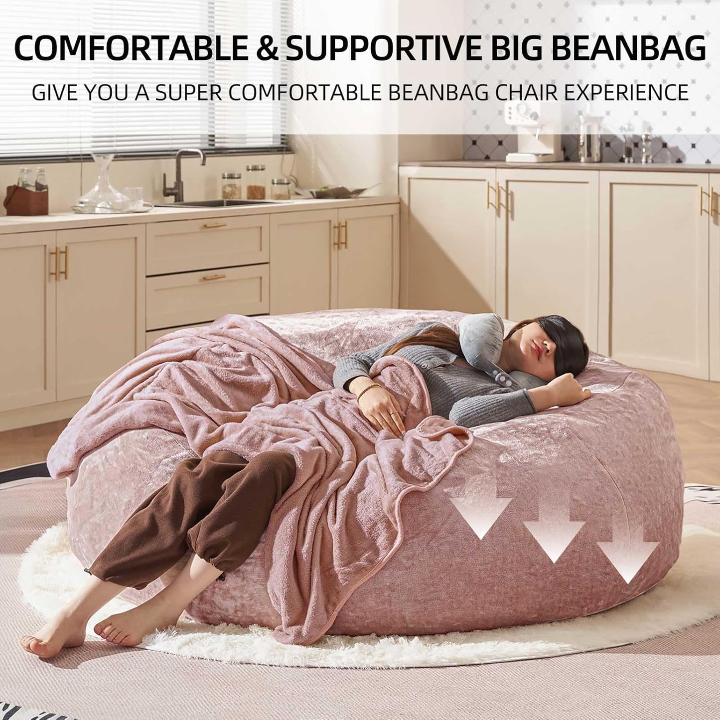 Bean Bag Chair 6Ft, Memory Foam Filled, Large Beanbag Chairs for Adults and Teens, Soft Sofa with Removable Flannel Cover, Round Couch for Living Room Bedroom College Dorm (Pink, 6FT-67×67"×24")