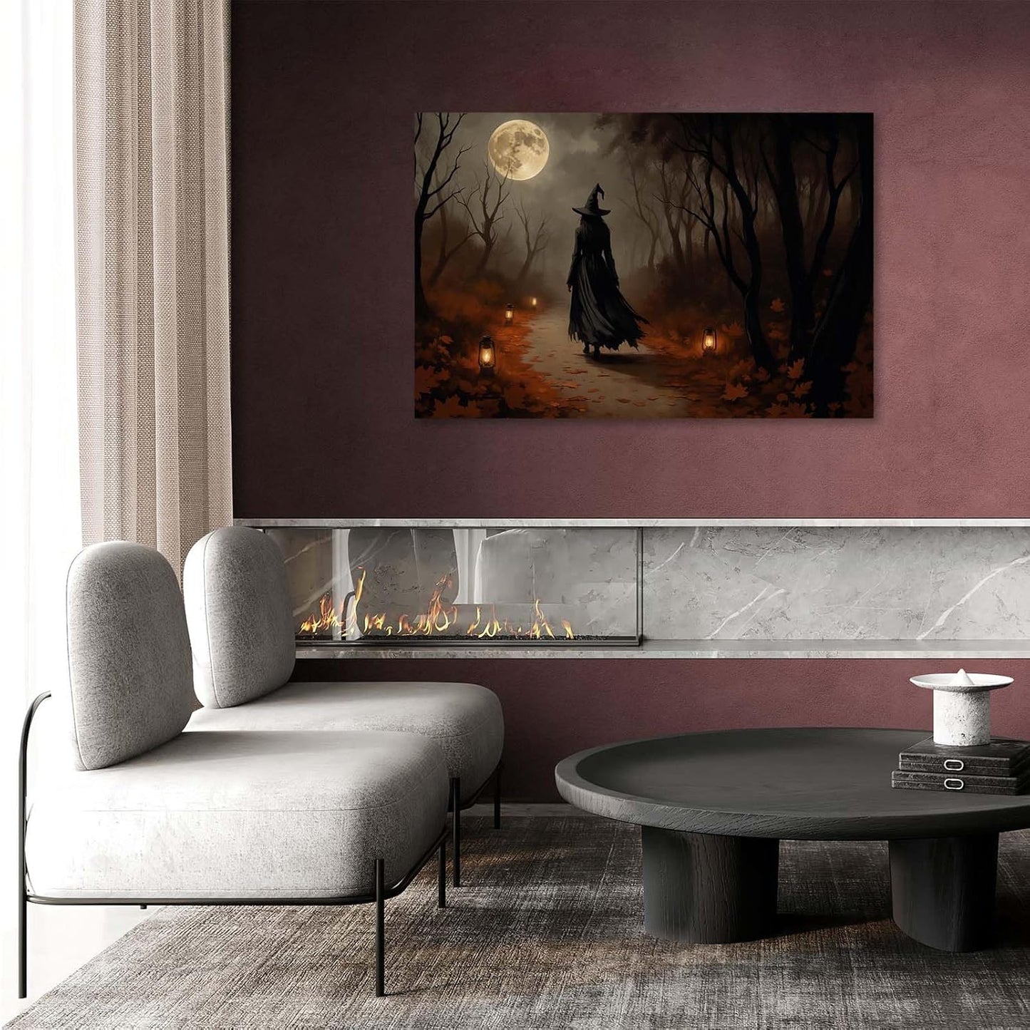 Moonlight witch poster dim lantern Halloween decoration Gothic style dark retro college style canvas wall art suitable for living room bedroom24x36in Wood Framed