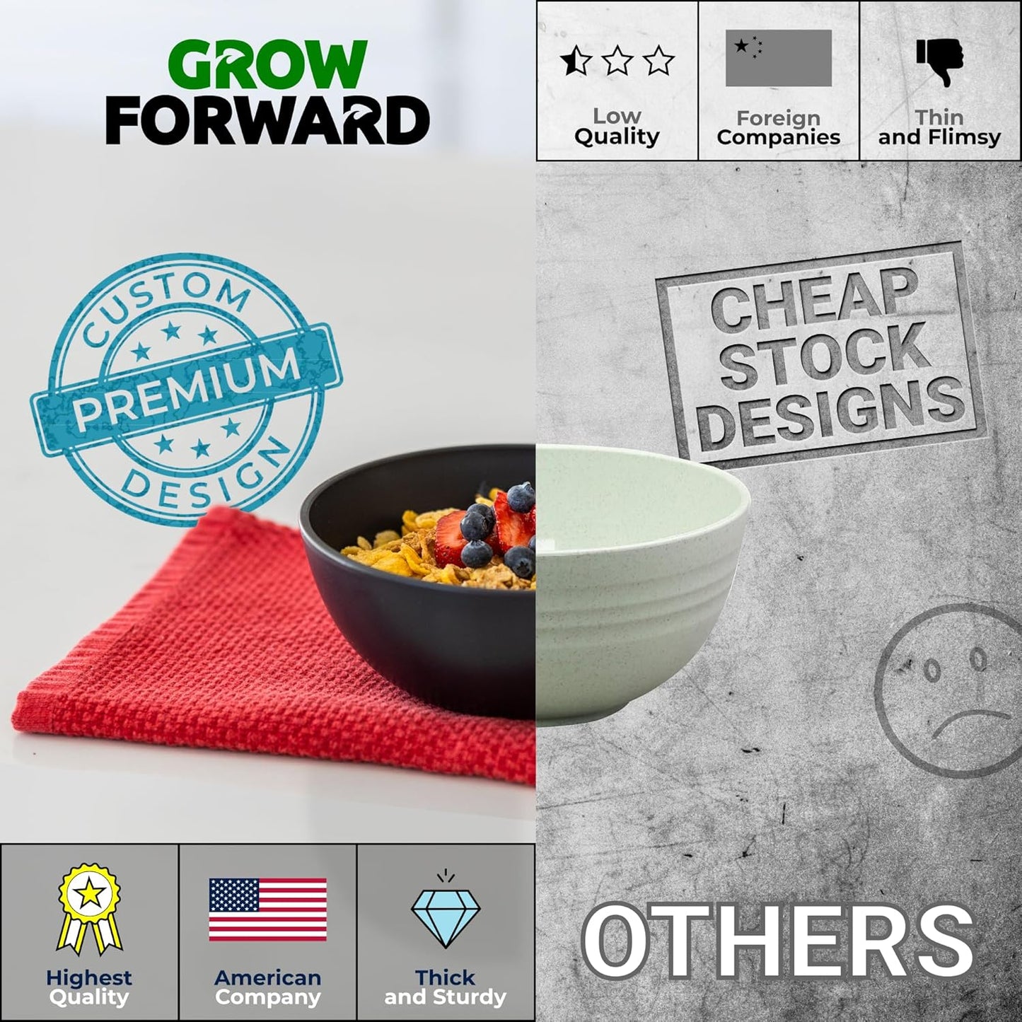 Grow Forward Premium Wheat Straw Bowls - 20oz Microwave Safe Plastic Cereal Bowls Set of 8 for Kitchen, Camping, RV, Dessert, Snack, Soup, Salad, Fruit - Reusable, Unbreakable & BPA Free - Moonlight