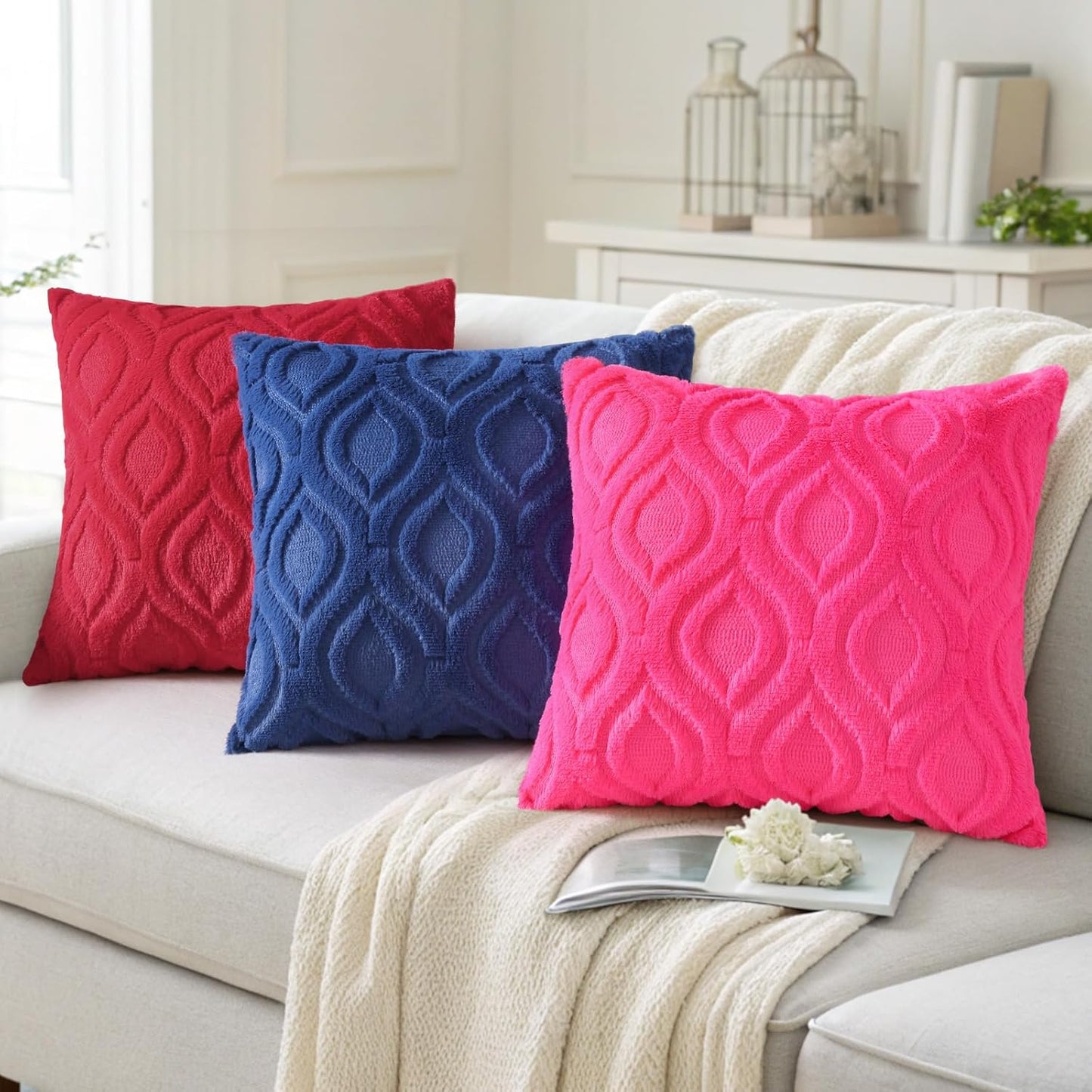 decorUhome Fall Throw Pillow Covers 16x16 Inch Set of 2, Soft Plush Decorative Faux Fur Hot Pink Solid Couch Pillow Covers, Accent Farmhouse Neutral Square Euro Pillow Cases for Sofa Bed Living Room