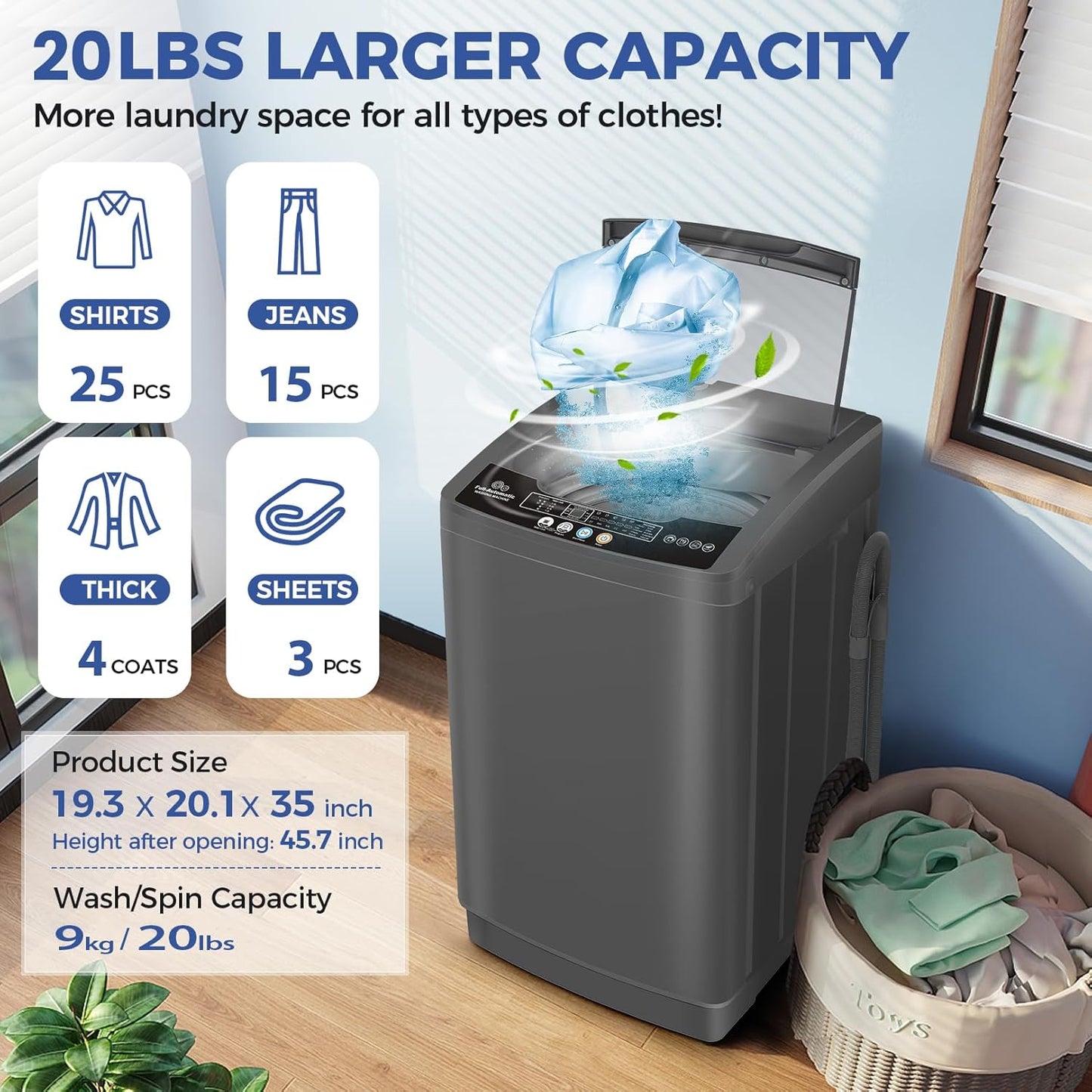 Nictemaw Portable Washing Machine, 20Lbs Capacity Full-Automatic Portable Washer Machine, 2.8Cu.ft Compact Laundry Machine with Drain Pump, 10 Programs & 8 Water Levels for Apartment Dorm RV