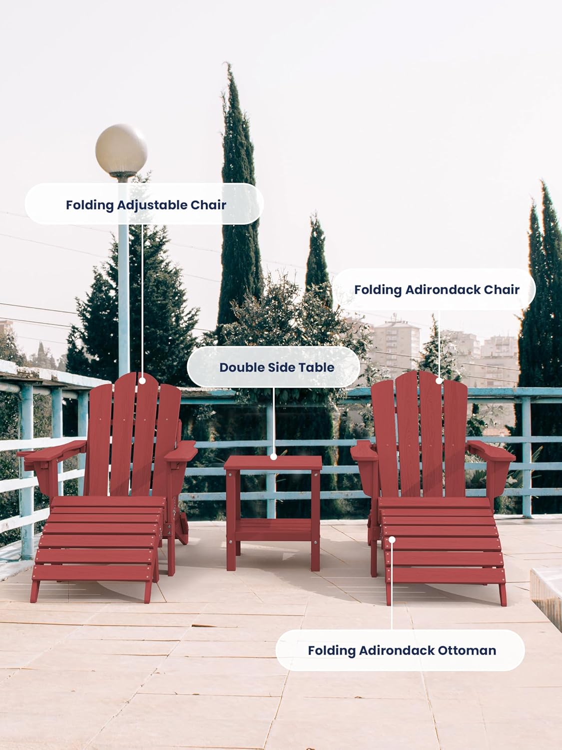 KINGYES Folding Adirondack Ottomans Set of 2 for Adirondack Chair, Red