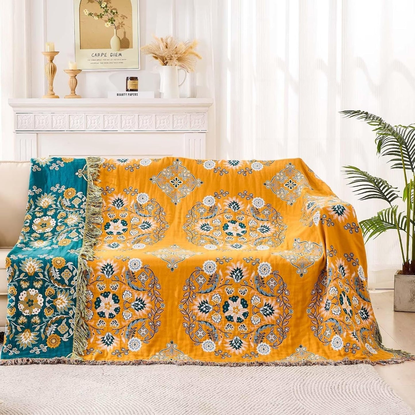 Boho Throw Blanket, 100% Cotton Ultra Soft Luxury Throw Rustic Quilt, Floral Printed Farmhouse Decor Bed Summer Blankets, All Season Rustic Reversible Bohemian Throw for Bed (90"x98" Yellow