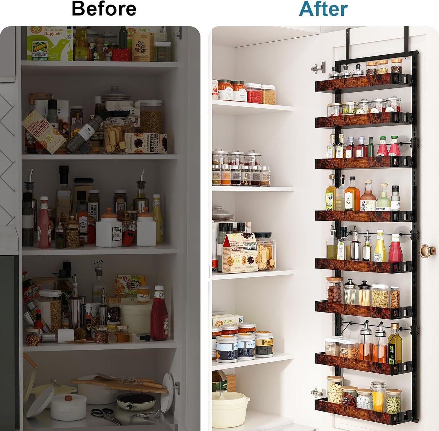 bukfen Over the Door Pantry Organizer, 8-Tier Adjustable Wooden Basket Kitchen Pantry Door Organization and Storage,2 in 1 Wall Mount or Hanging Heavy-Duty Metal Hanging Kitchen Spice Rack,1 Pack