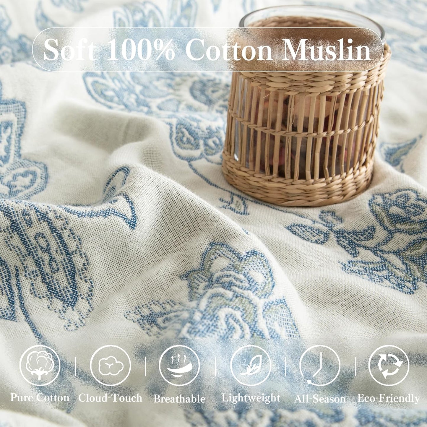 Boho Throw Blanket Twin Size, Soft Cozy Cotton Muslin Quilt Blanket for Bed Decor, Floral Patterned Couch Sofa Chair Cover, Vintage Farmhouse Cottage Tapestry Woven Blanket, Blue and White
