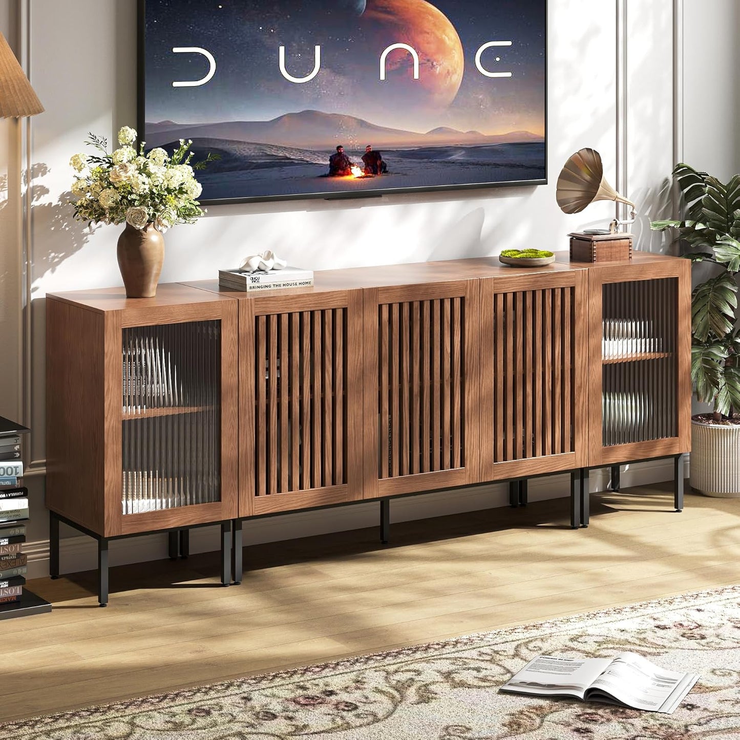 Farmhouse TV Stand for TVs up to 85 Inch, Entertainment Center TV Console with Storage Cabinets and Glass Doors,Media Console for Living Room, Brown