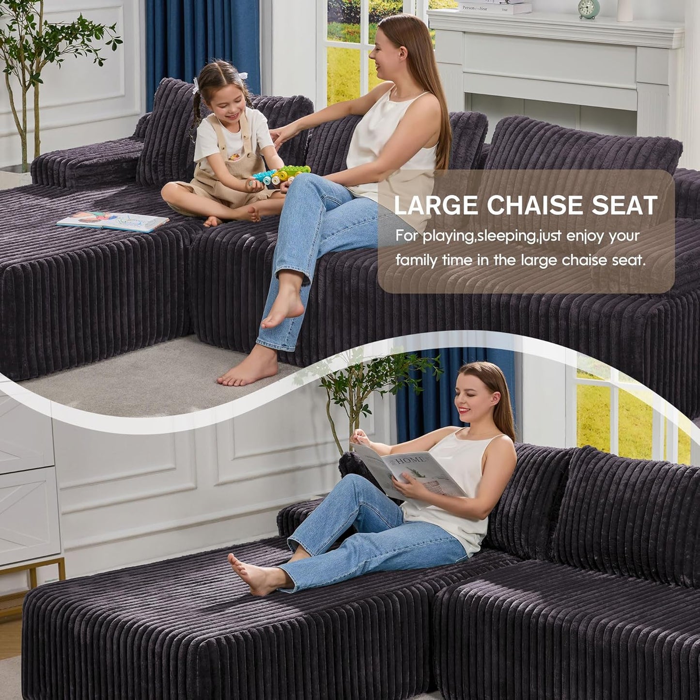 Hobestluk Modular Sectional Sofa Couches 108" L-Shape Couch 3 Seat Modular Sofa Memory Foam Sectional Couches for Living Room, Boneless Couch with Oversized Chaise (Grey, Left Facing)
