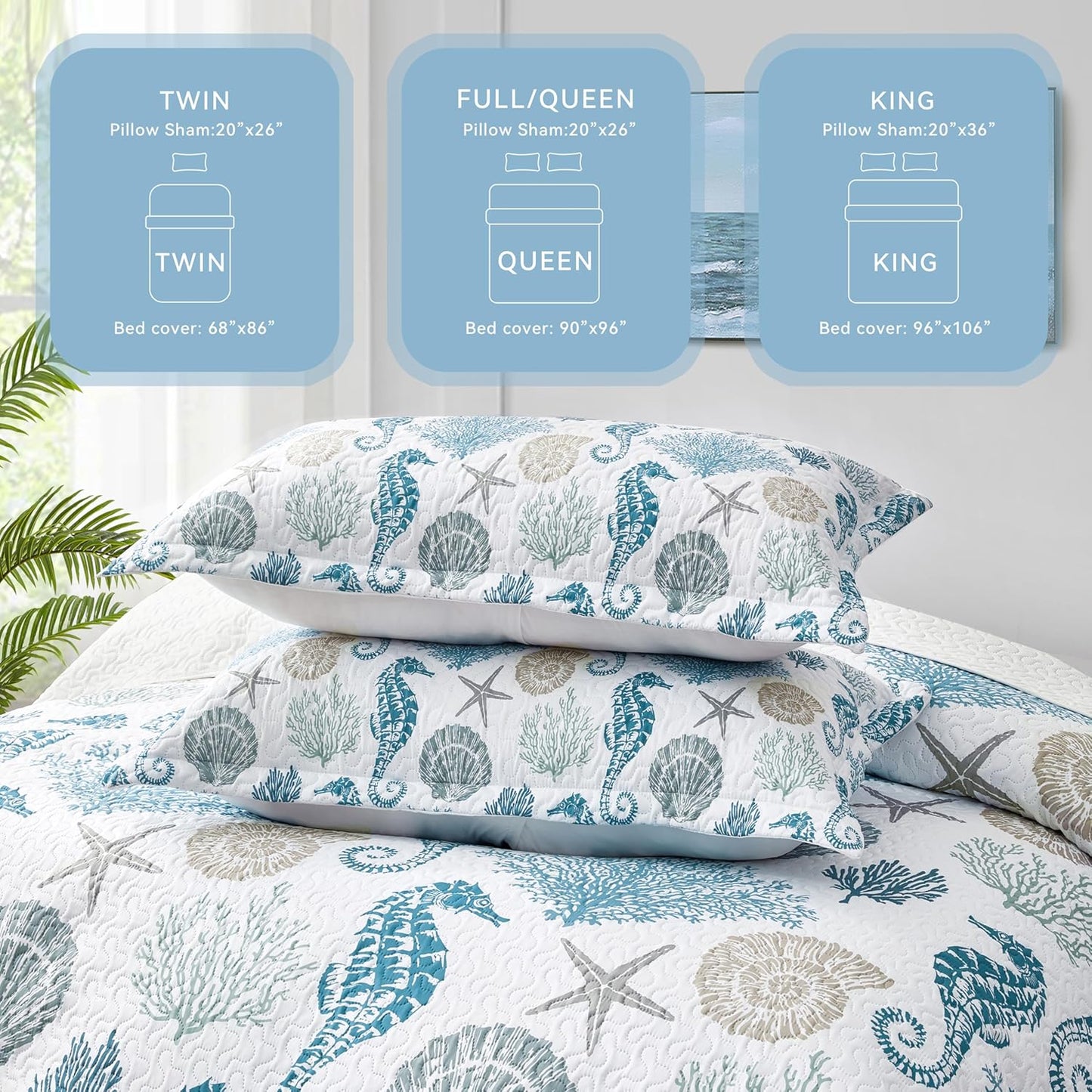 Coastal Bedding California King Size Coastal Quilt with 2 Shams, Nautical Beach Comforter Sets Ocean Bedspreads Blue Seahorse Coverlet Summer Bedding, 106''x118''
